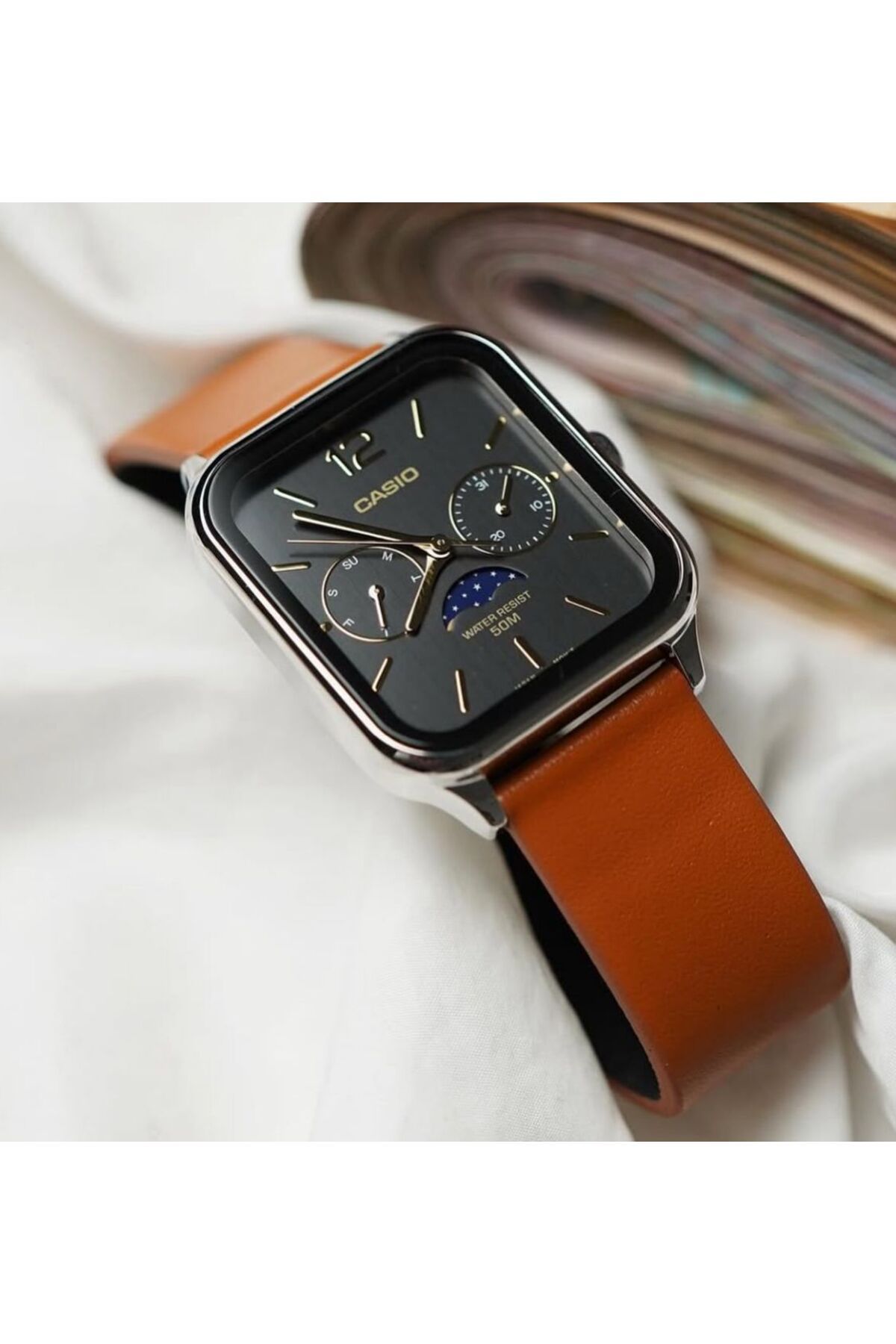 Casio-Unisex Analog Quartz Watch With Moon Phase And Genuine Leather Strap Mtp-m305l-1a 7