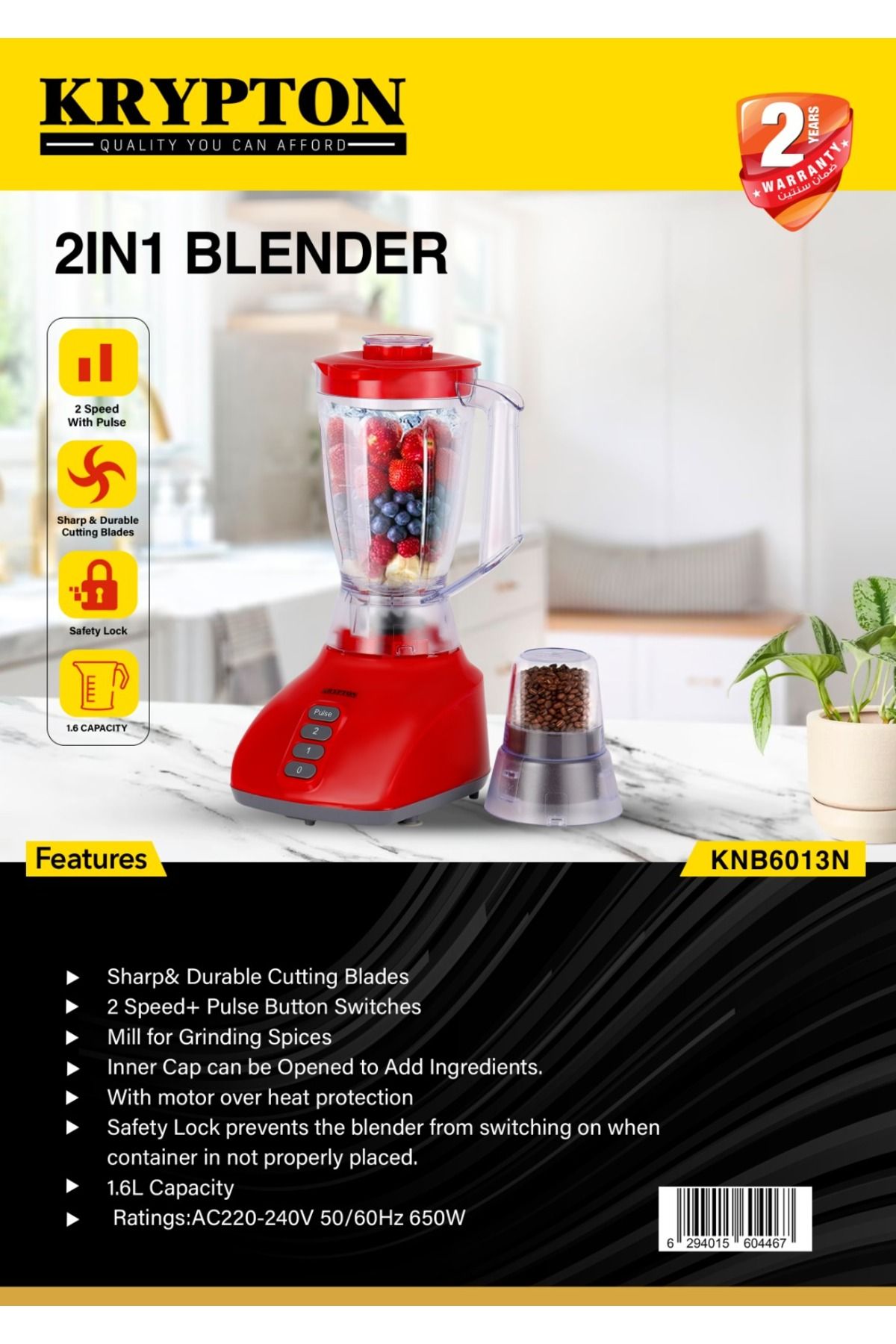 KRYPTON-2-in-1 Blender 650W, 2 Speed & Pulse, Unbreakable Jars, Grinder for Smoothies, Nuts & Beans 4