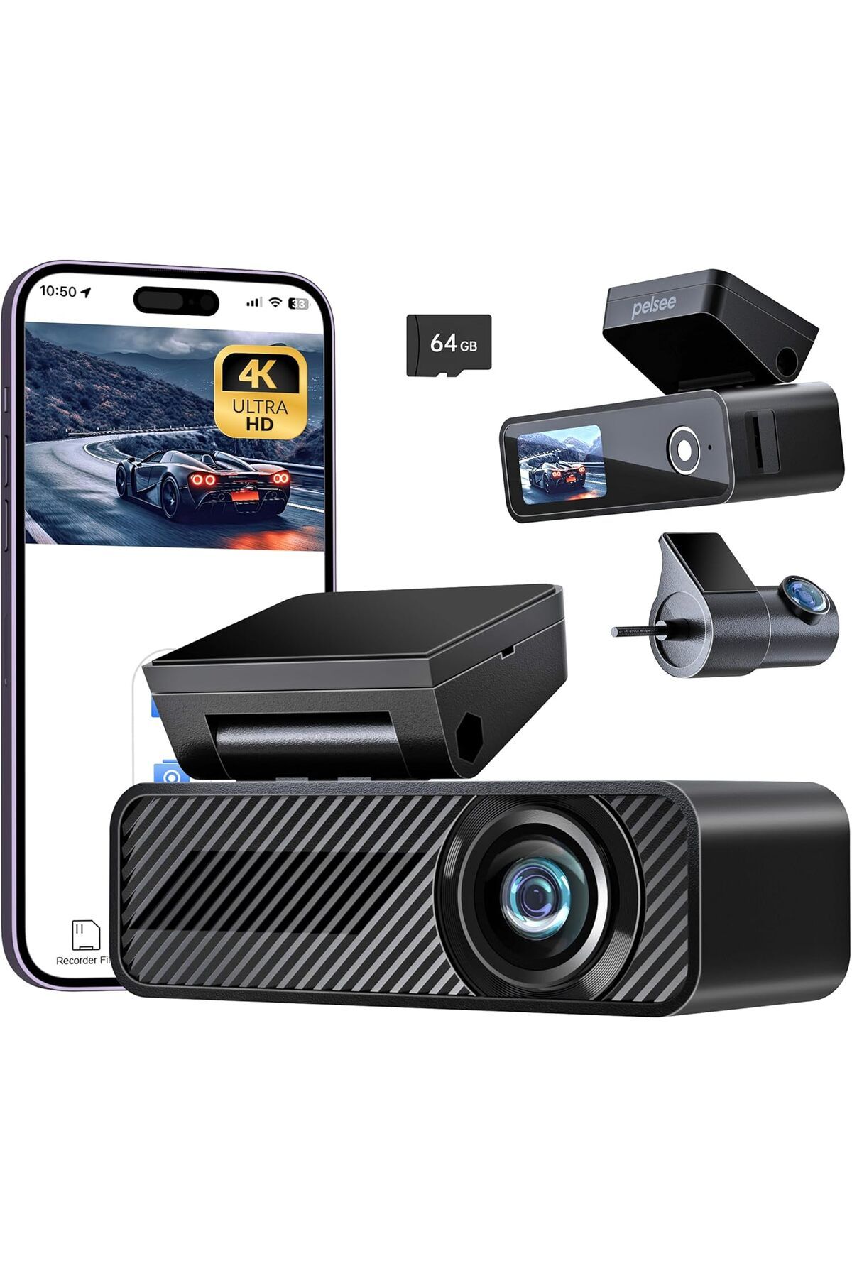 PELSEE P1 Duo 4K Araç Kamerası, GPS, WiFi, 64GB SD Kart, Gece Görüşü, 24 Saat Park Modu