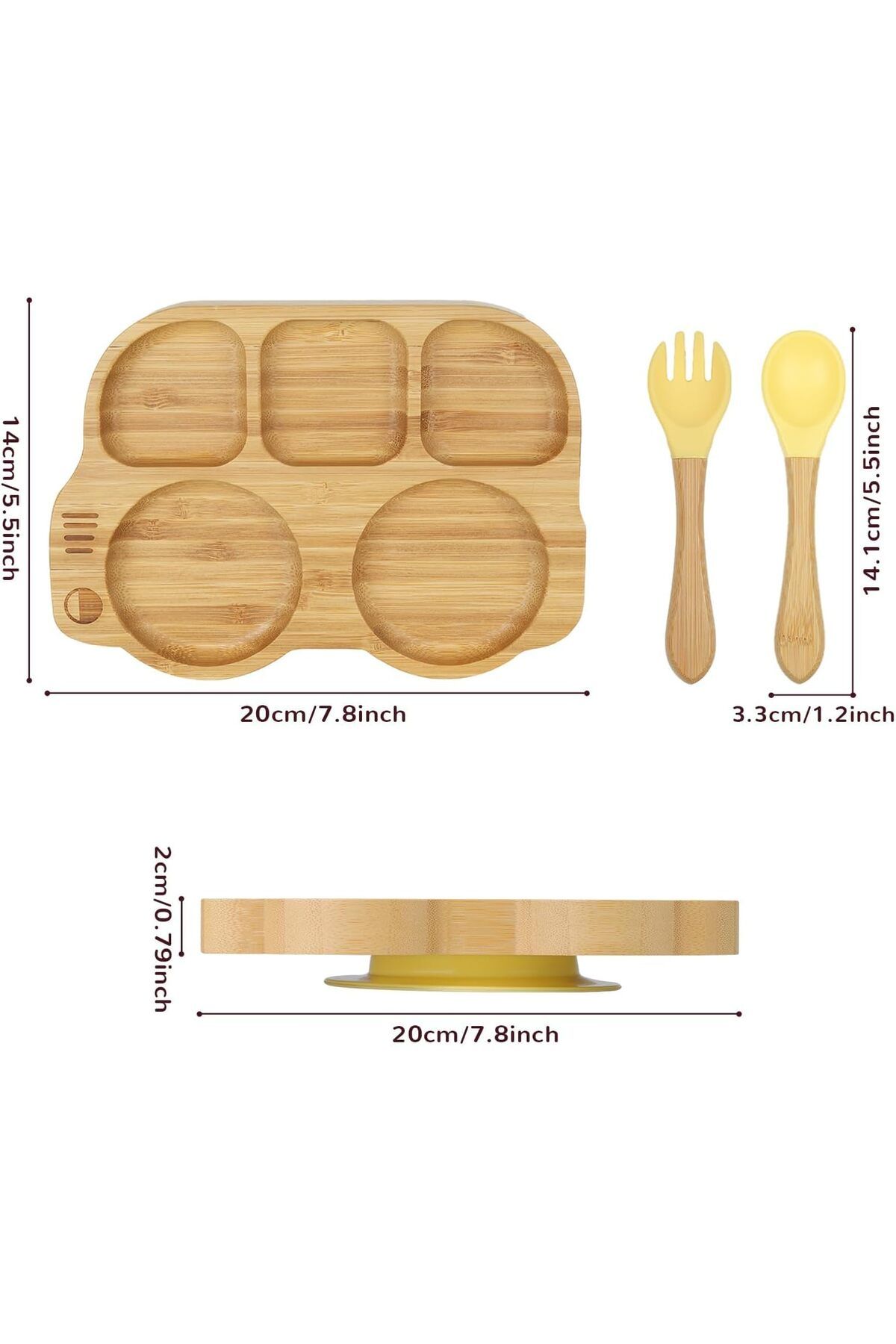 COOYA-Toddler Bamboo Plate with Suction, with Spoon Fork, Car Shaped Design Divided Plate, BPA Free 2