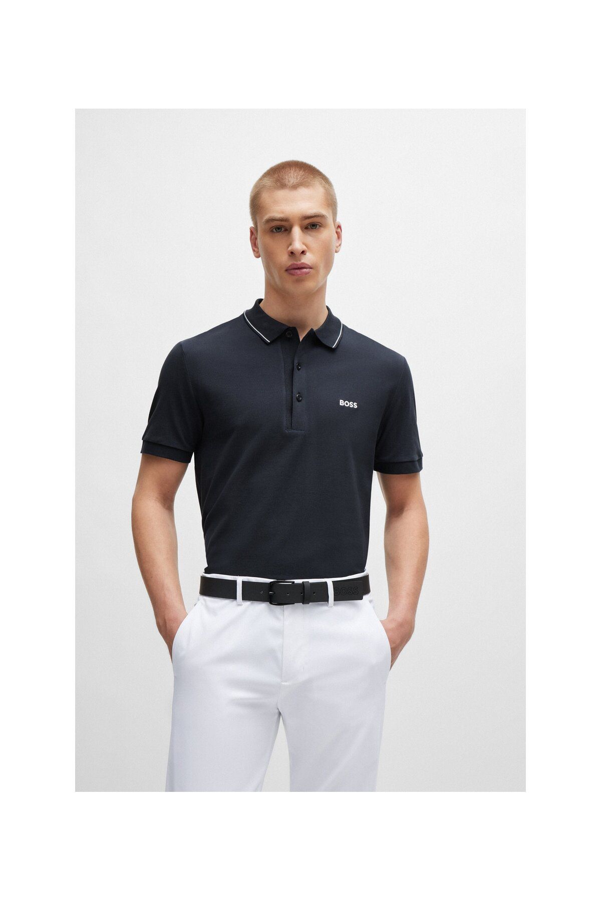 تی شرت یقه پولو آبی مردانه بسته بندی دکمه آستین کوتاه Lacivert1 Polo Collar T Shirt 402 BOSS