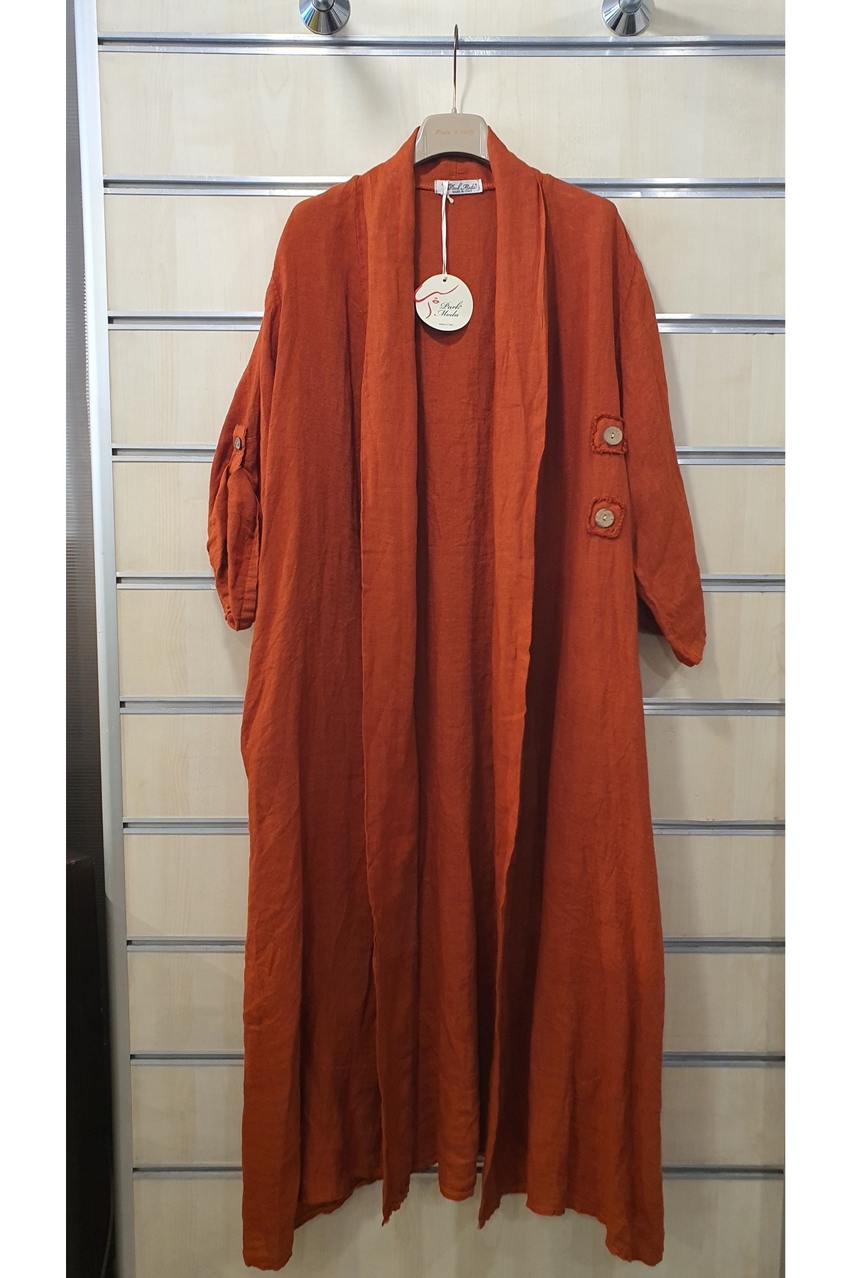 Park Moda-Long Italian Linen Jacket with Solid Pattern Button Detail 1