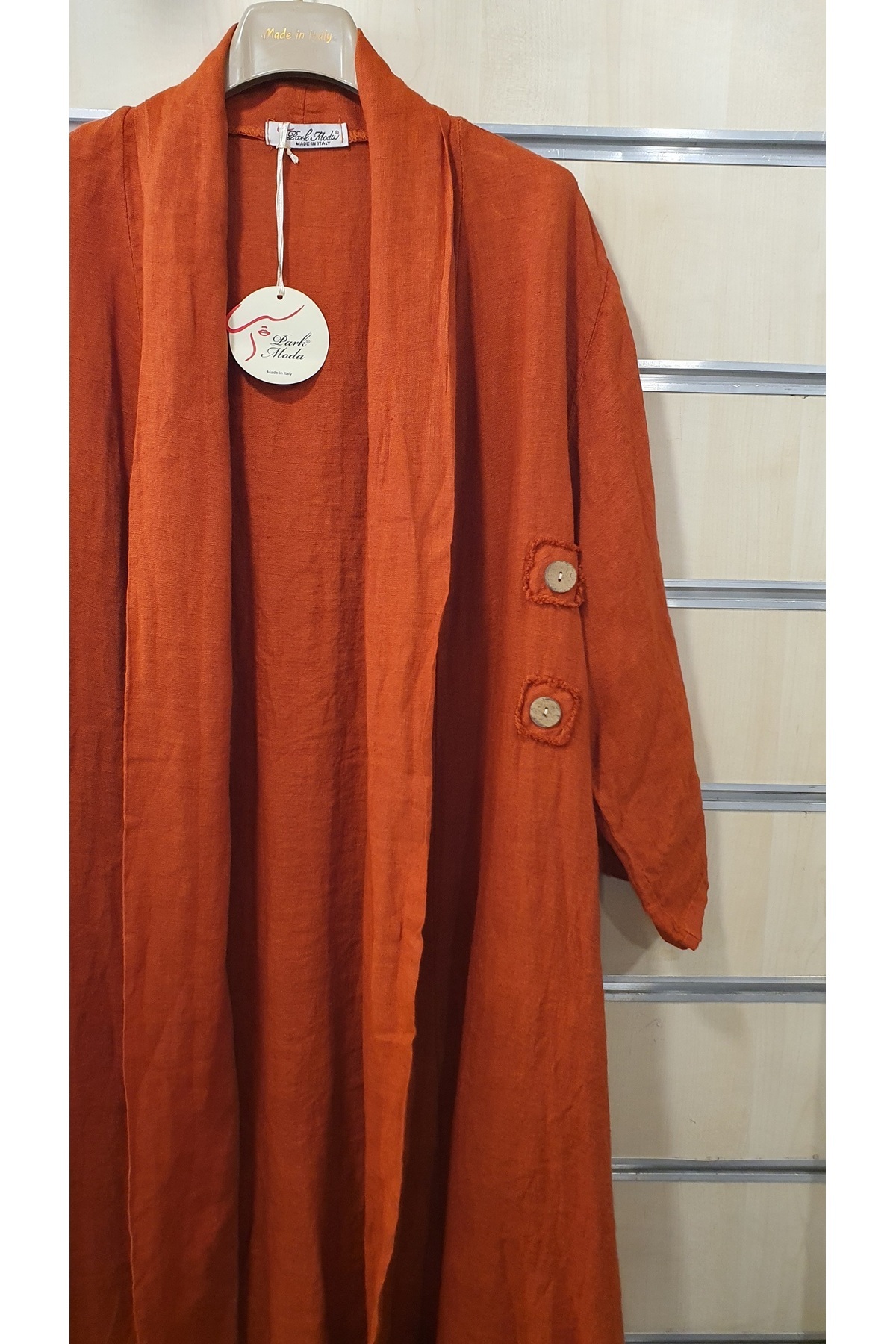 Park Moda-Long Italian Linen Jacket with Solid Pattern Button Detail 3