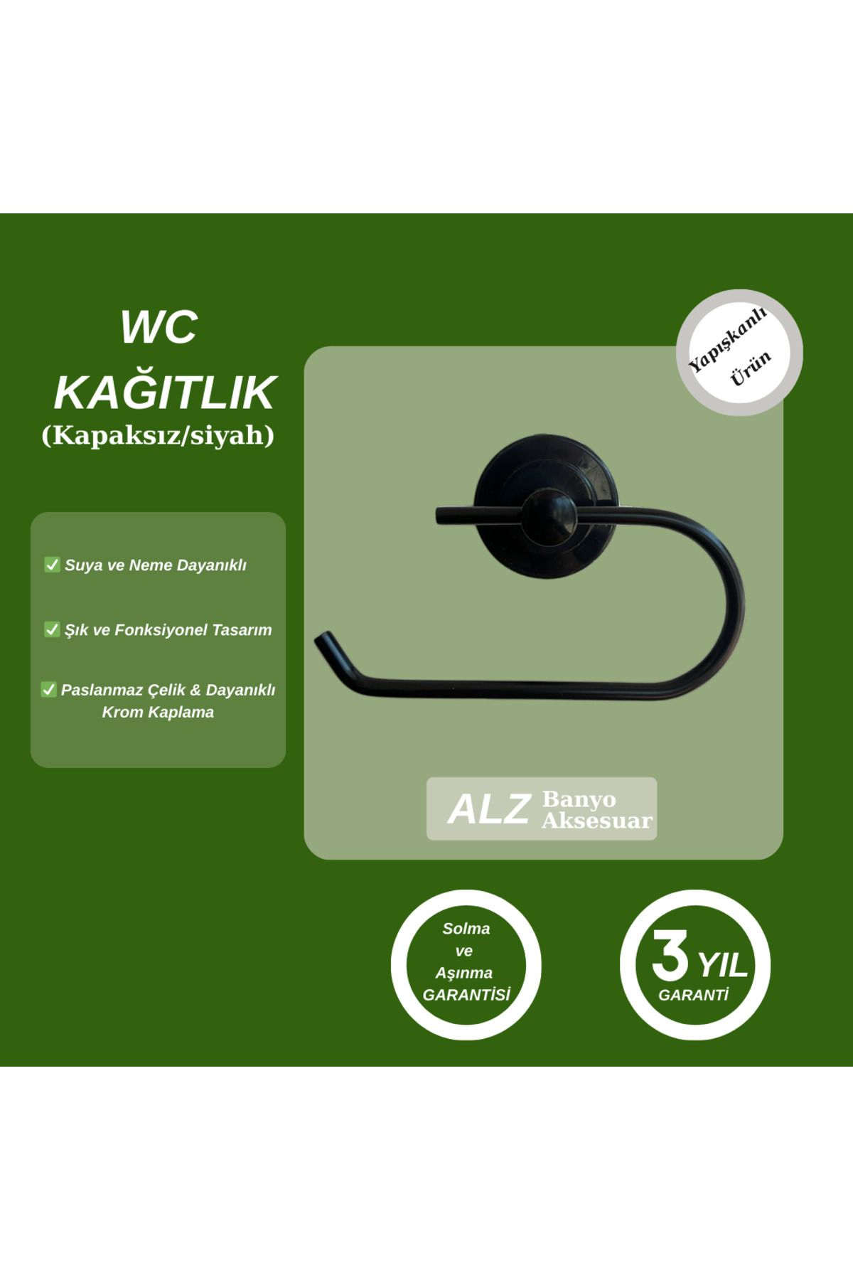 Alz Banyo Siyah Kapağız WC Kağıtlık - Yapışkanlı Krom