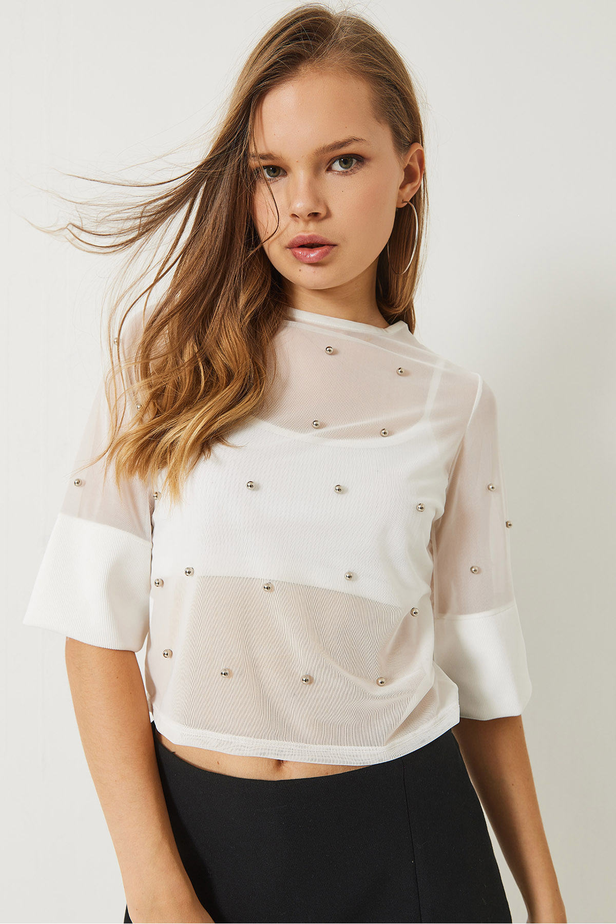 Bianco Lucci-Women's Stone Printed Short Sleeve Crew Neck Transparent Blouse 60284020 4
