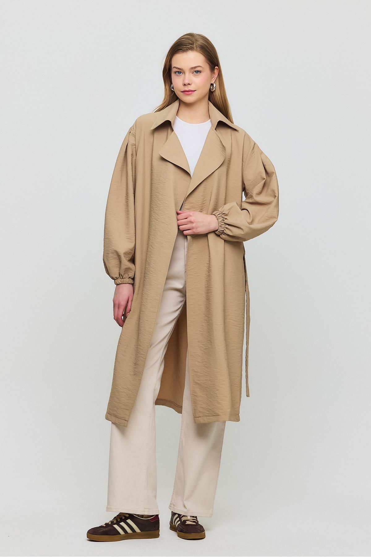 Rays-Belted Sleeve Elastic Trench Coat with Mink 4579A Model 8