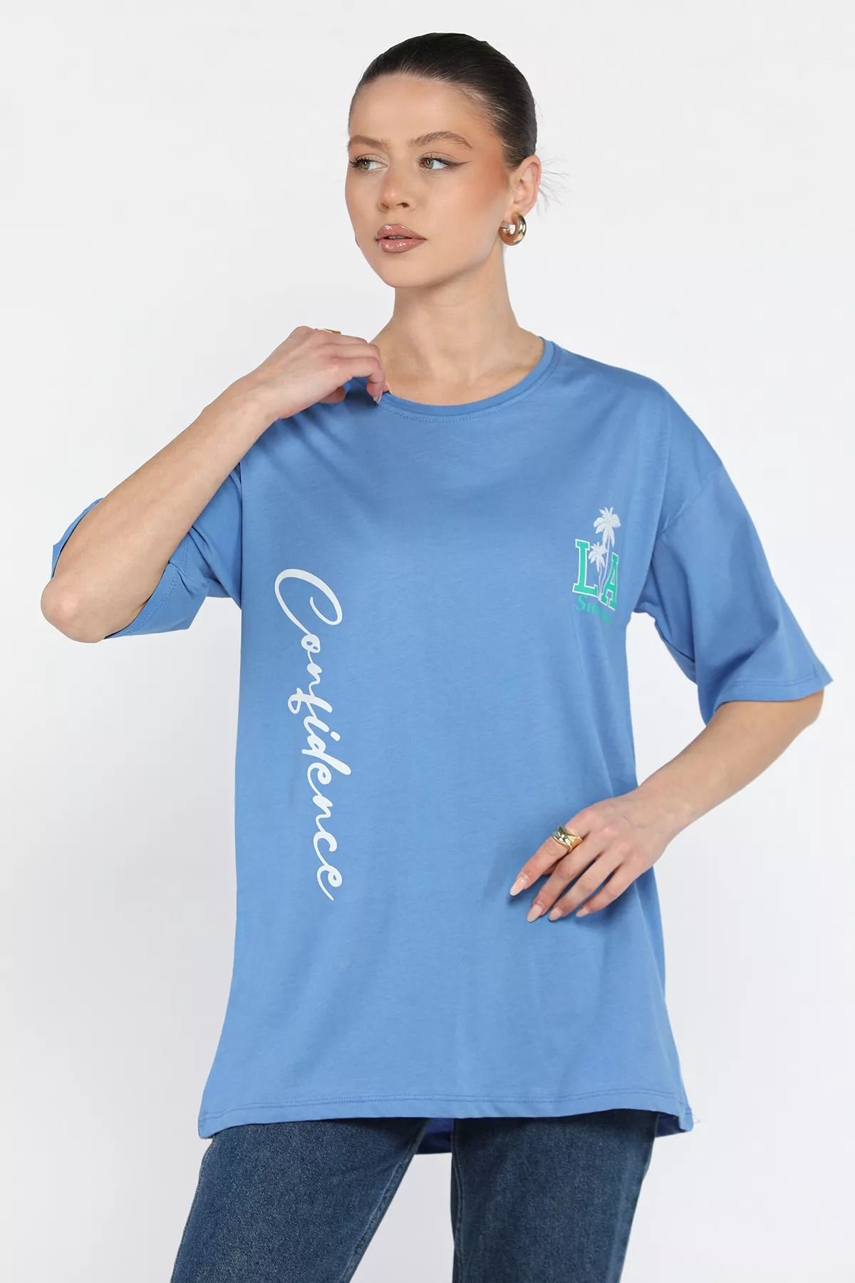 GÜLSELİ-Indigo Printed Crew Neck Women's T-Shirt 2