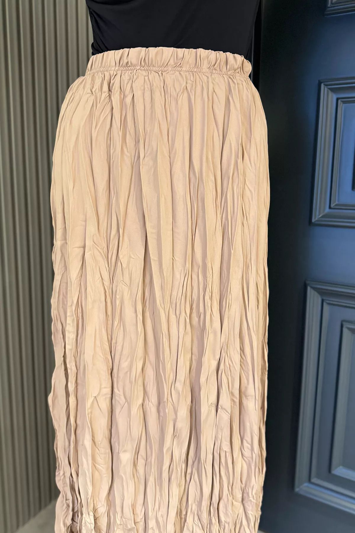 julude-Beige Elastic Waist Crinkle Voile Hijab Skirt 3