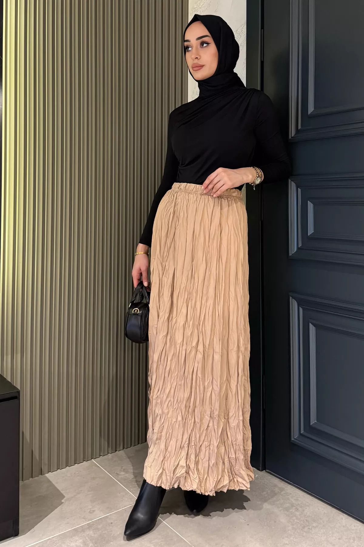 julude-Beige Elastic Waist Crinkle Voile Hijab Skirt 6