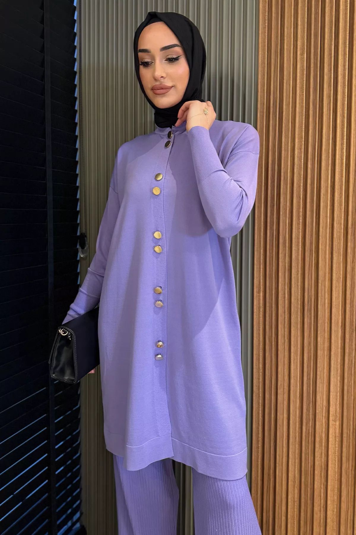 julude-Lilac Women's Gold Button Detailed Hijab Knitwear Cardigan 2