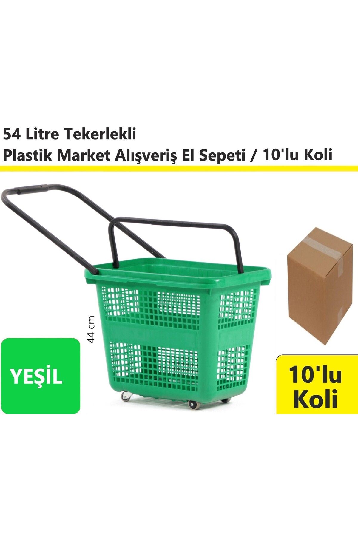 akdenizpos Tekerlekli Plastik Market Alışveriş El Sepeti 54 Litre Yeşil 10'lu Koli