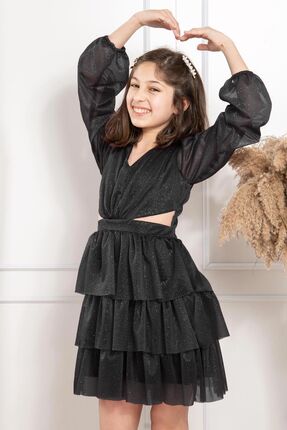 SUBU TASARIM Fırfırlı Simli Tül Çocuk Abiye Siyah Mdv308