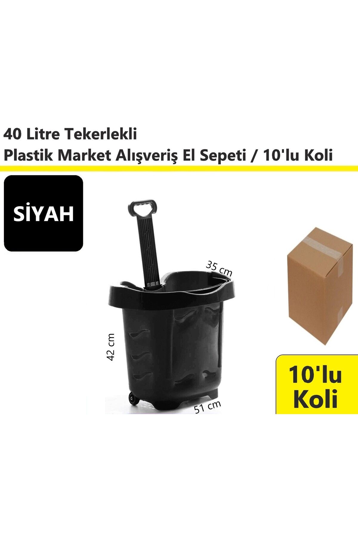 akdenizpos Tekerlekli Plastik Market Alışveriş El Sepeti 40 Litre Siyah 10'lu Koli
