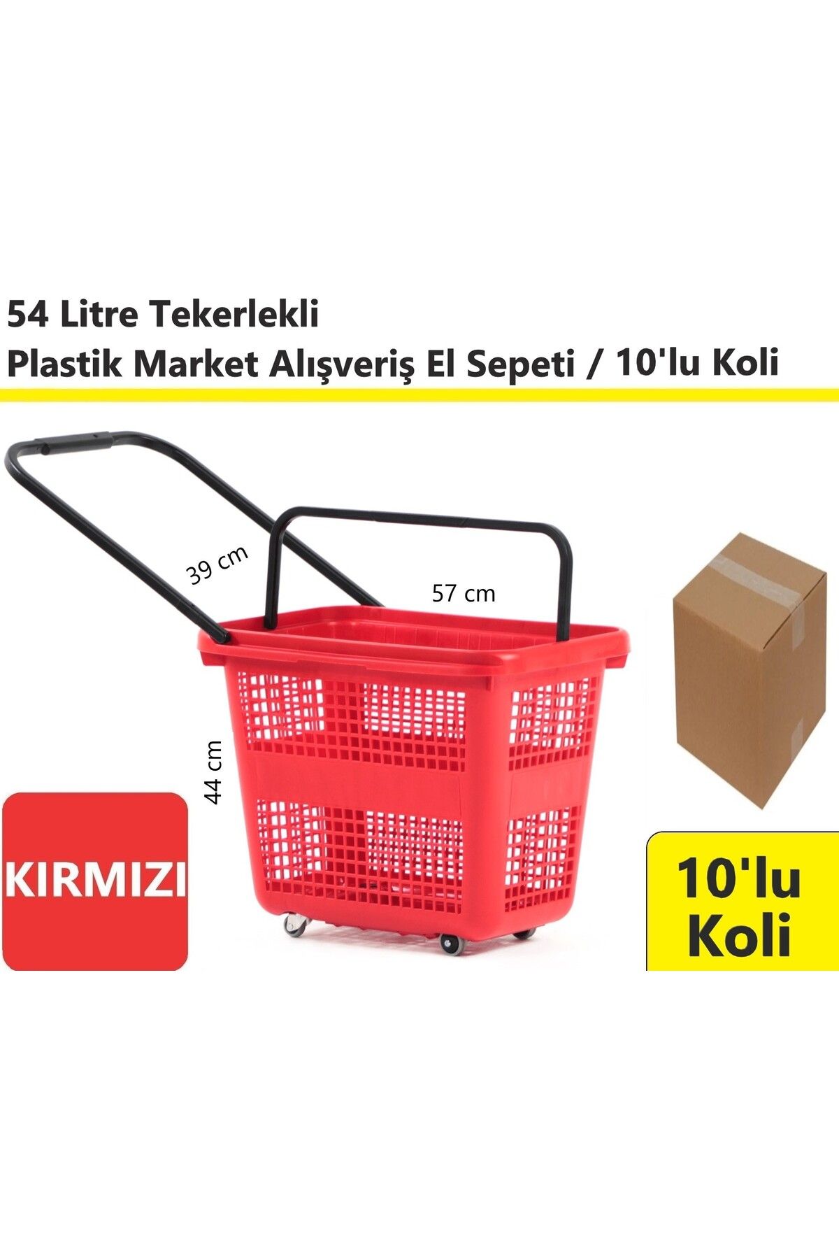 akdenizpos Tekerlekli Plastik Market Alışveriş El Sepeti 54 Litre Kırmızı 10'lu Koli
