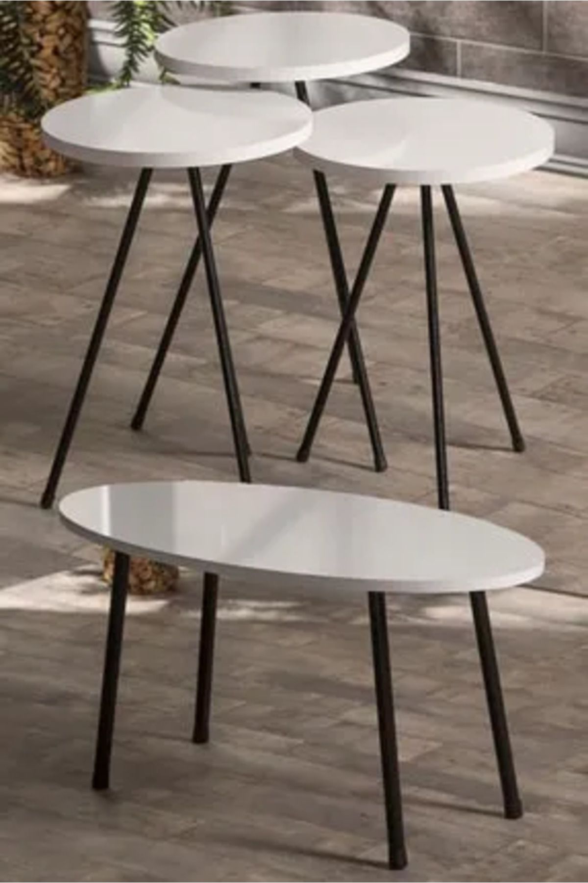 pazarella Zigon Sehpa Ve Orta Sehpa Set Metal Elips Beyaz