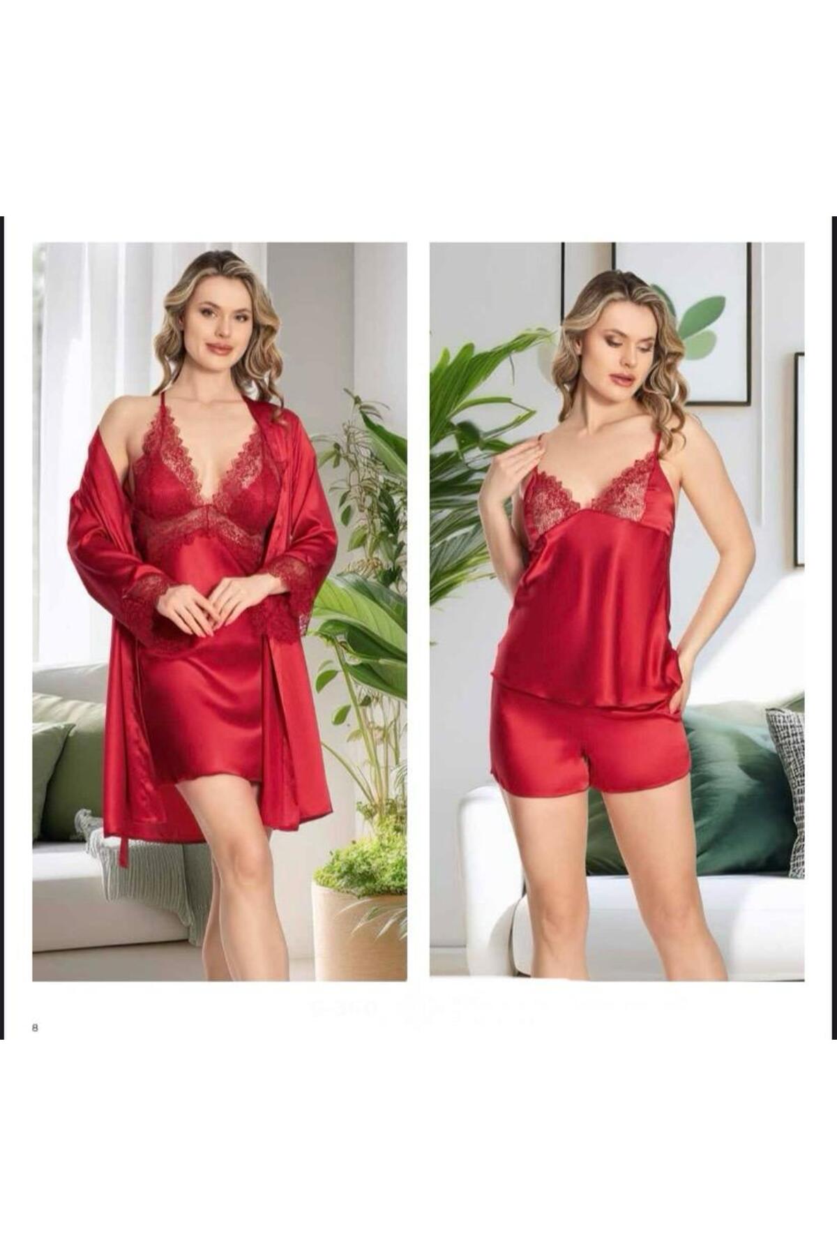 ROZELT Kadın Bordo Saten Gecelik Sabahlık Pijama Takım Şort Takım 6'lı Set J.ER.3.R.O.Z6.0.E.L.T.