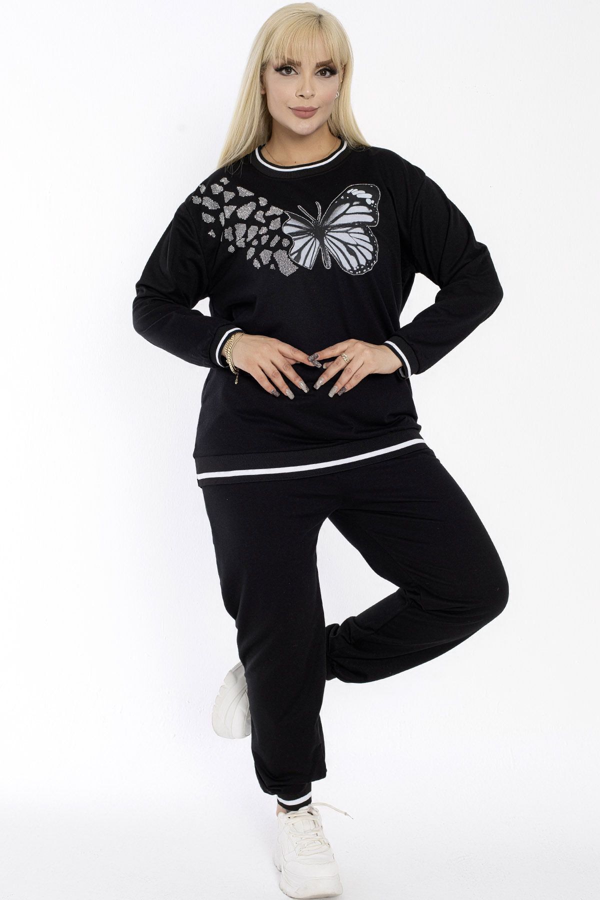 Kheos-Set de trening confortabil, cu imprimeu cu pietre de fluture, decolteu rotund, cu mânecă lungă, cu șireturi în talie, cu buzunare elastice 5