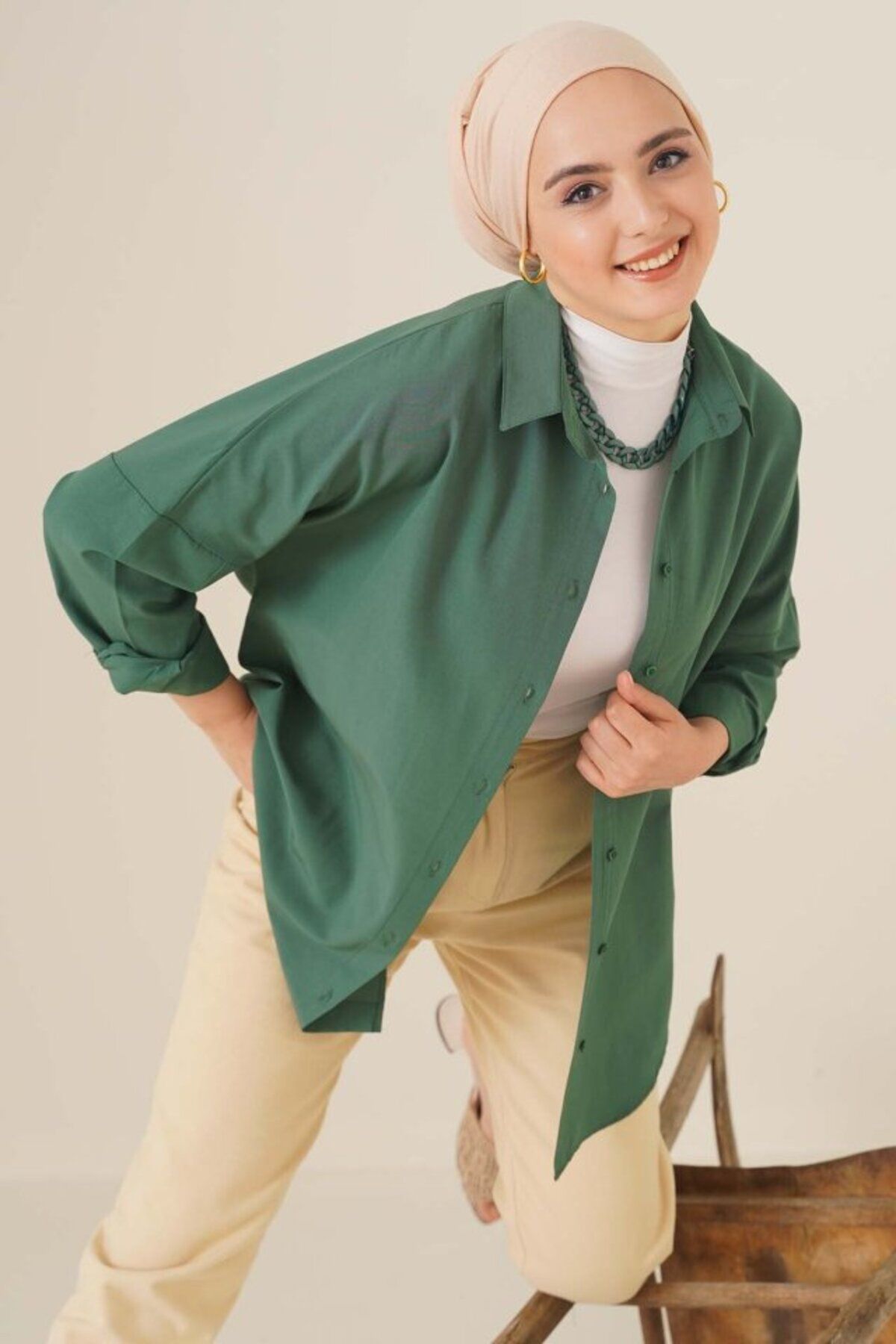 ASFSTORE 103901 Oversize Basic Tesettür Gömlek - Zümrüt Yeşili