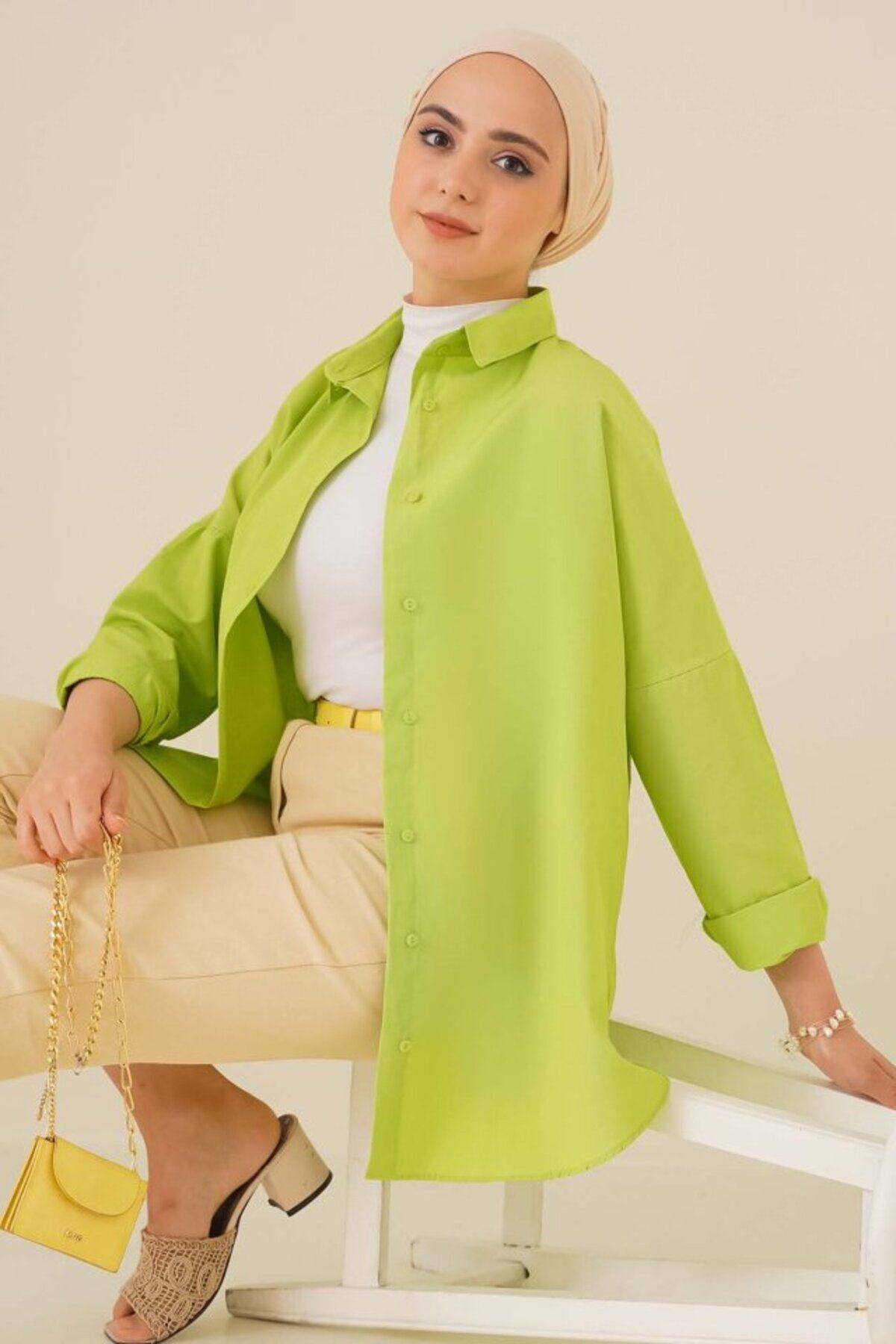 Butik Aura Mou 103901 Oversize Basic Tesettür Gömlek - G.Yeşil