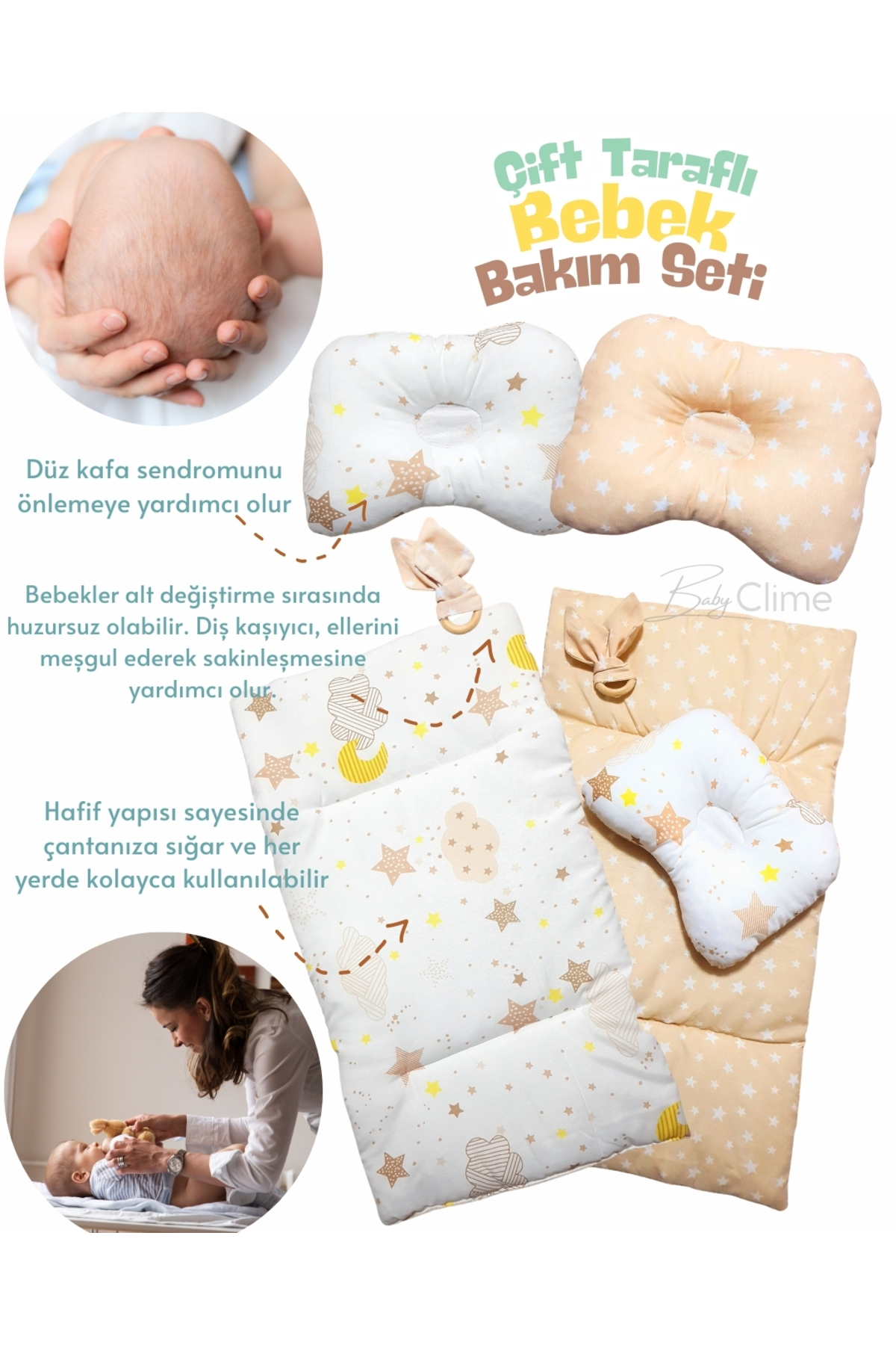 bebek_iklimi Çift Taraflı Bebek Bakım Seti - Alt Açma Minderi, Baş Düzeltme Yastığı ve Ahşap Diş Kaşıyıcı fotoğrafı 2 (önizleme)