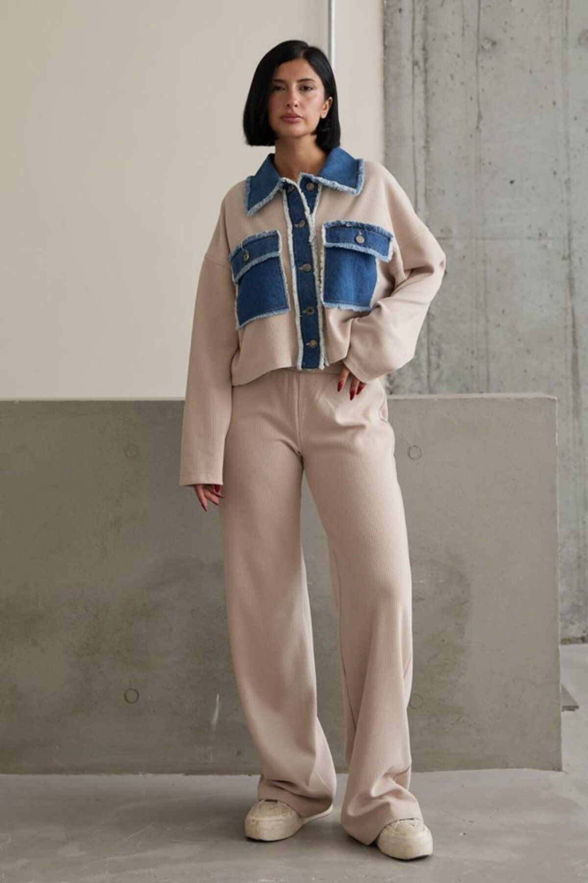 velmorafashion Bej Denim Garnili Gömlek Ve Pantolon Takım