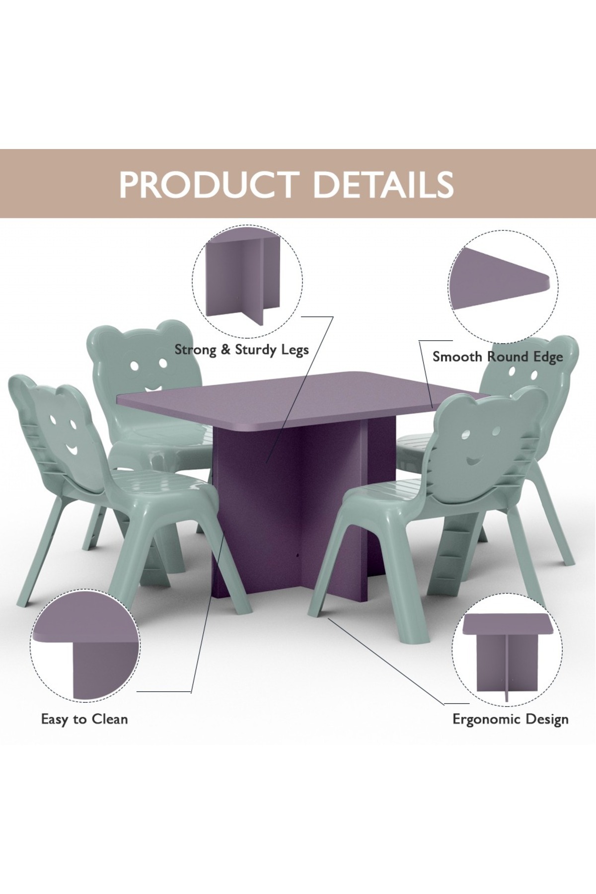 Mahmayi-Modern Wooden Child Desk with 4 Plastic Chair - Purple 3