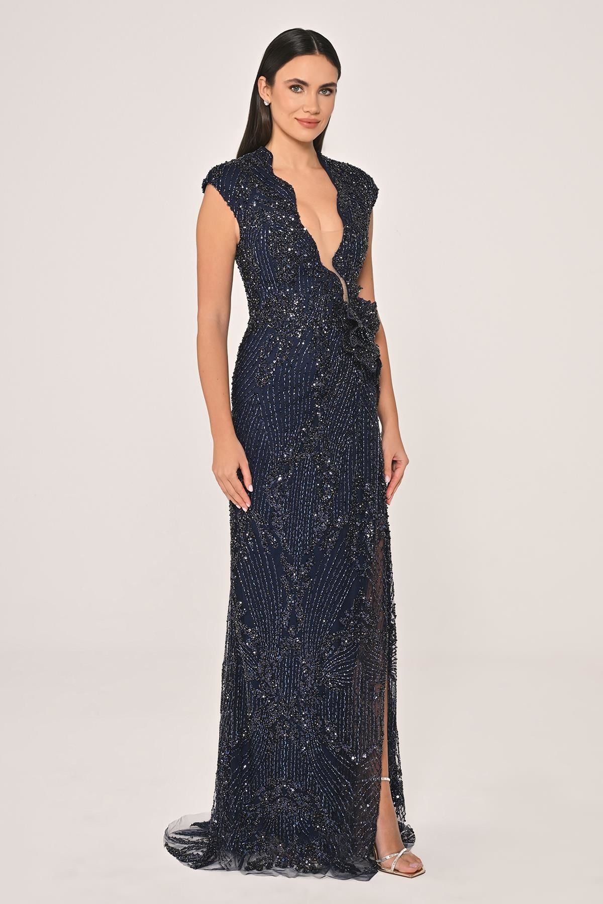 ALFABETA-Alfa Beta Women's Low-Cut Waist Flower Accessory Sequin Long Evening Dress 3