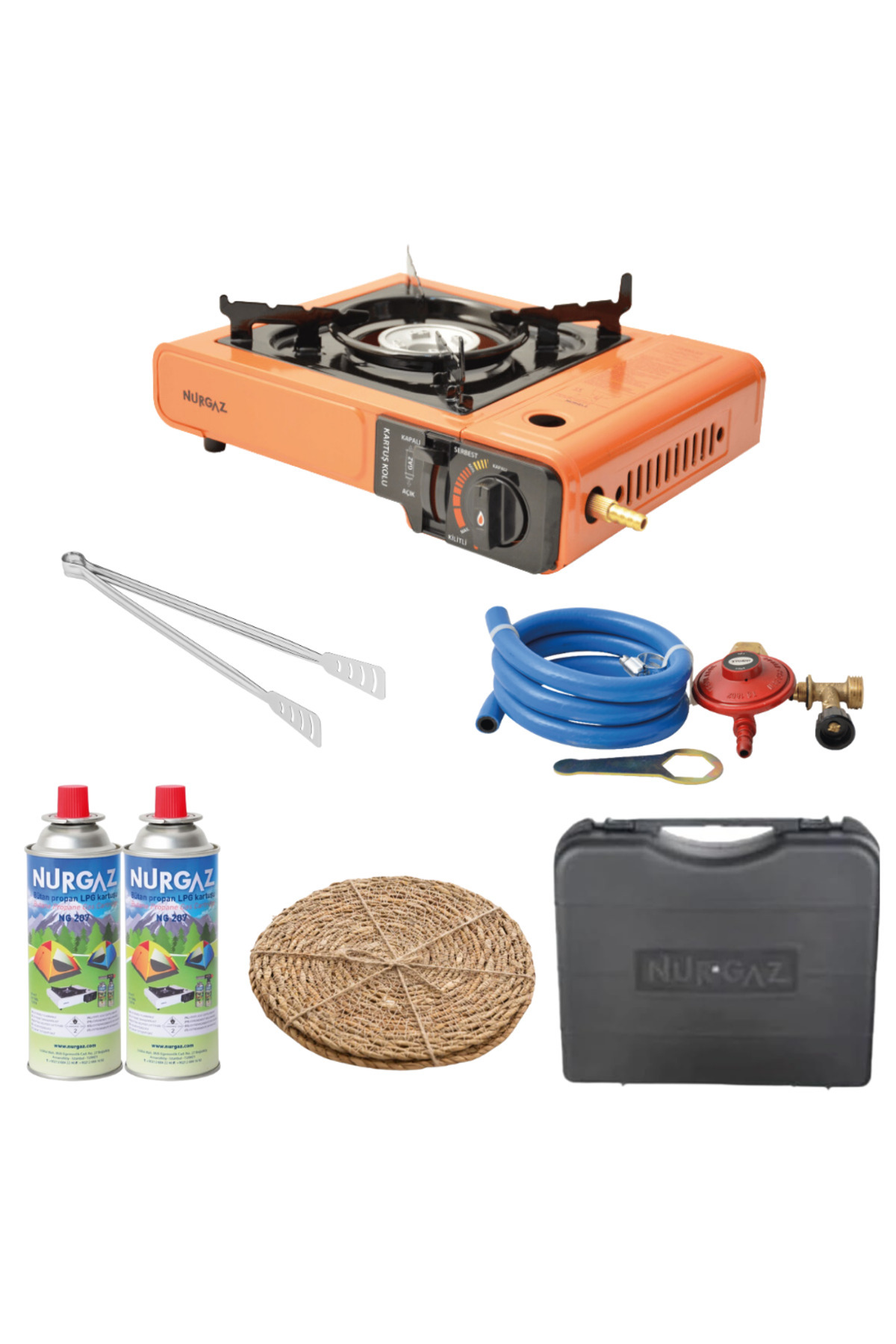 NURGAZ Özel Çantalı Portatif Kamp Ocağı + 2 Adet Kartuş + Tüp Dedantörü + Hasır 2'li Nihale + Maşa