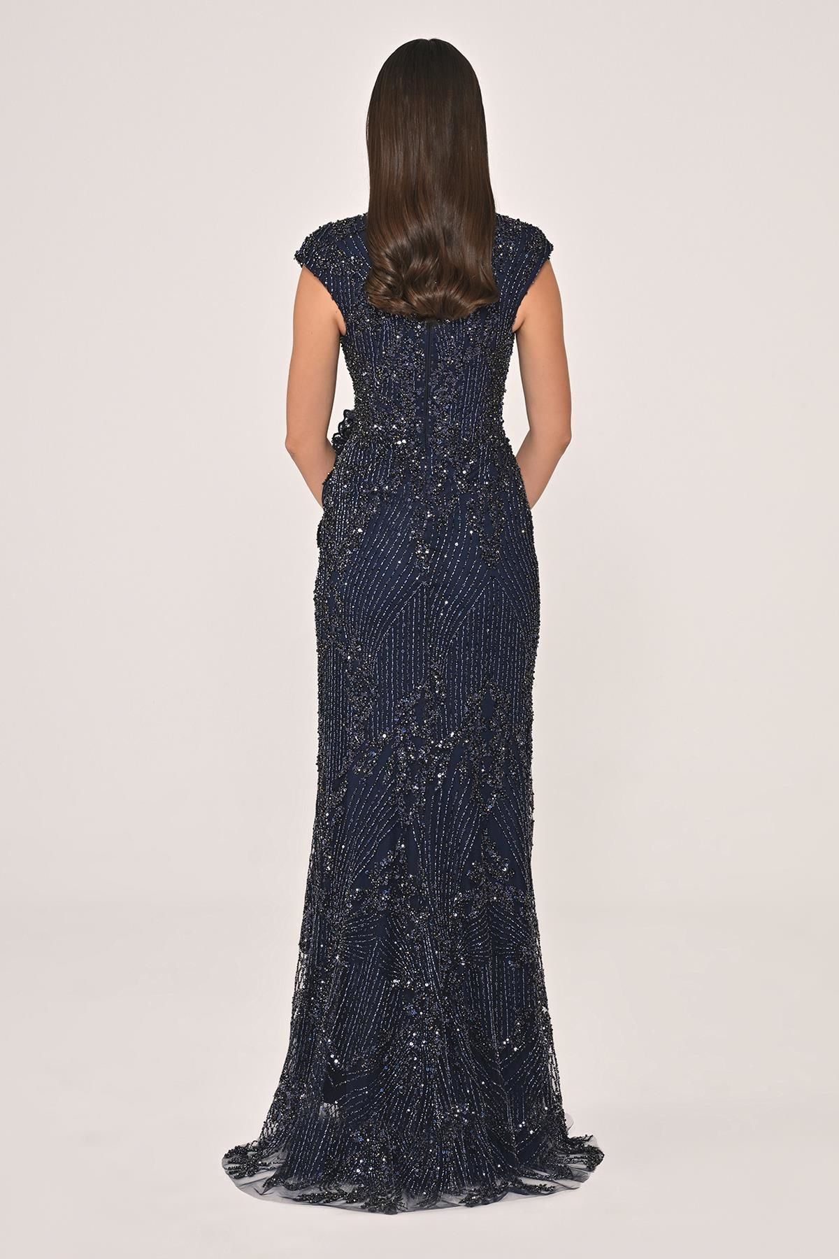 ALFABETA-Alfa Beta Women's Low-Cut Waist Flower Accessory Sequin Long Evening Dress 4