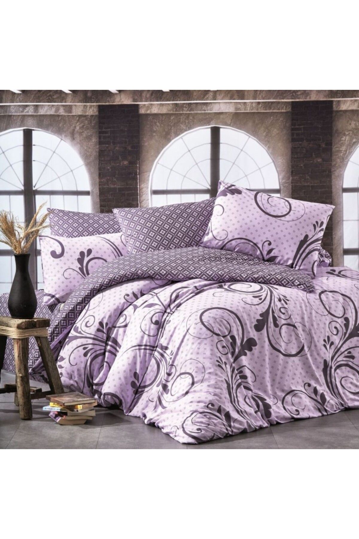 NazeninHome Lenjerie Pat Dublu Bumbac Ranforce 4 Piese, Dream Otis Lila/gri - One Size