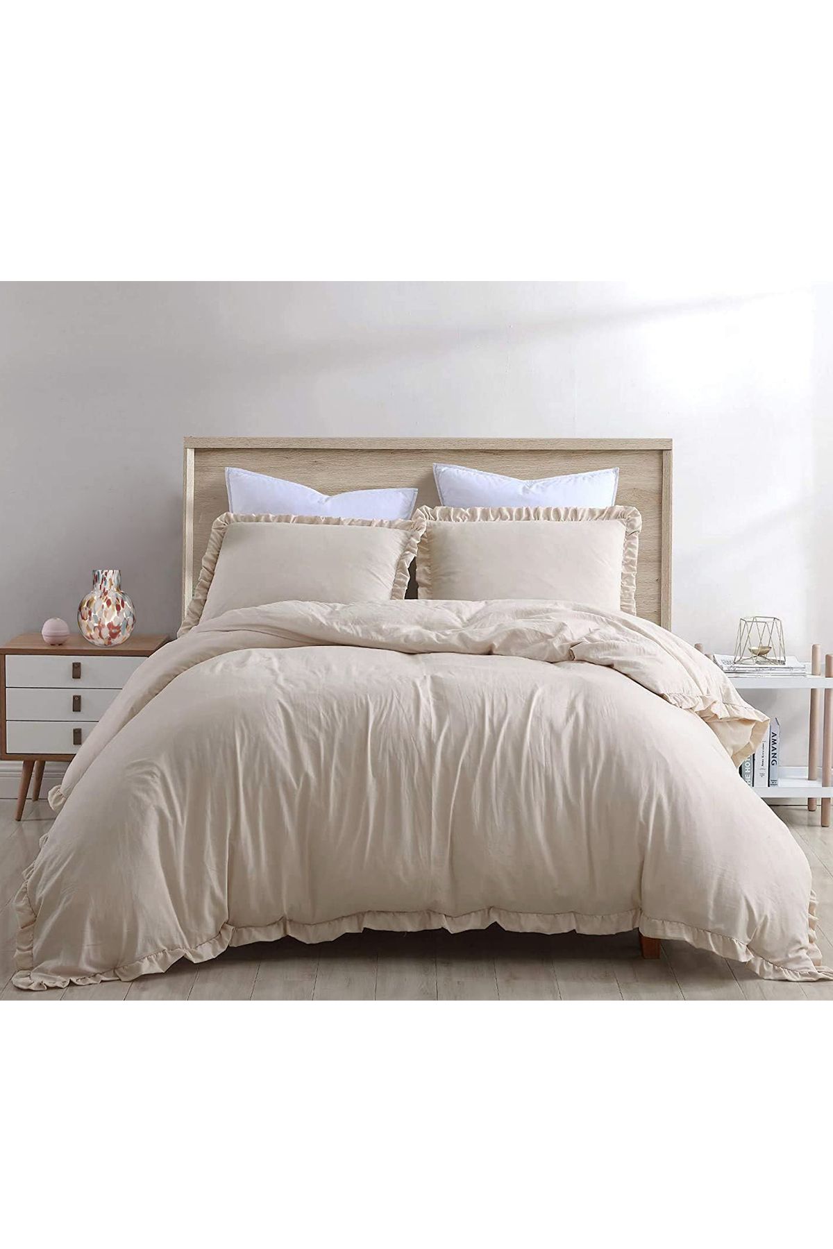 Evlen Home Collection-Cotton Stone Washed Frilly Duvet Cover Set 4 Piece Barella Soft Cappuccino 5