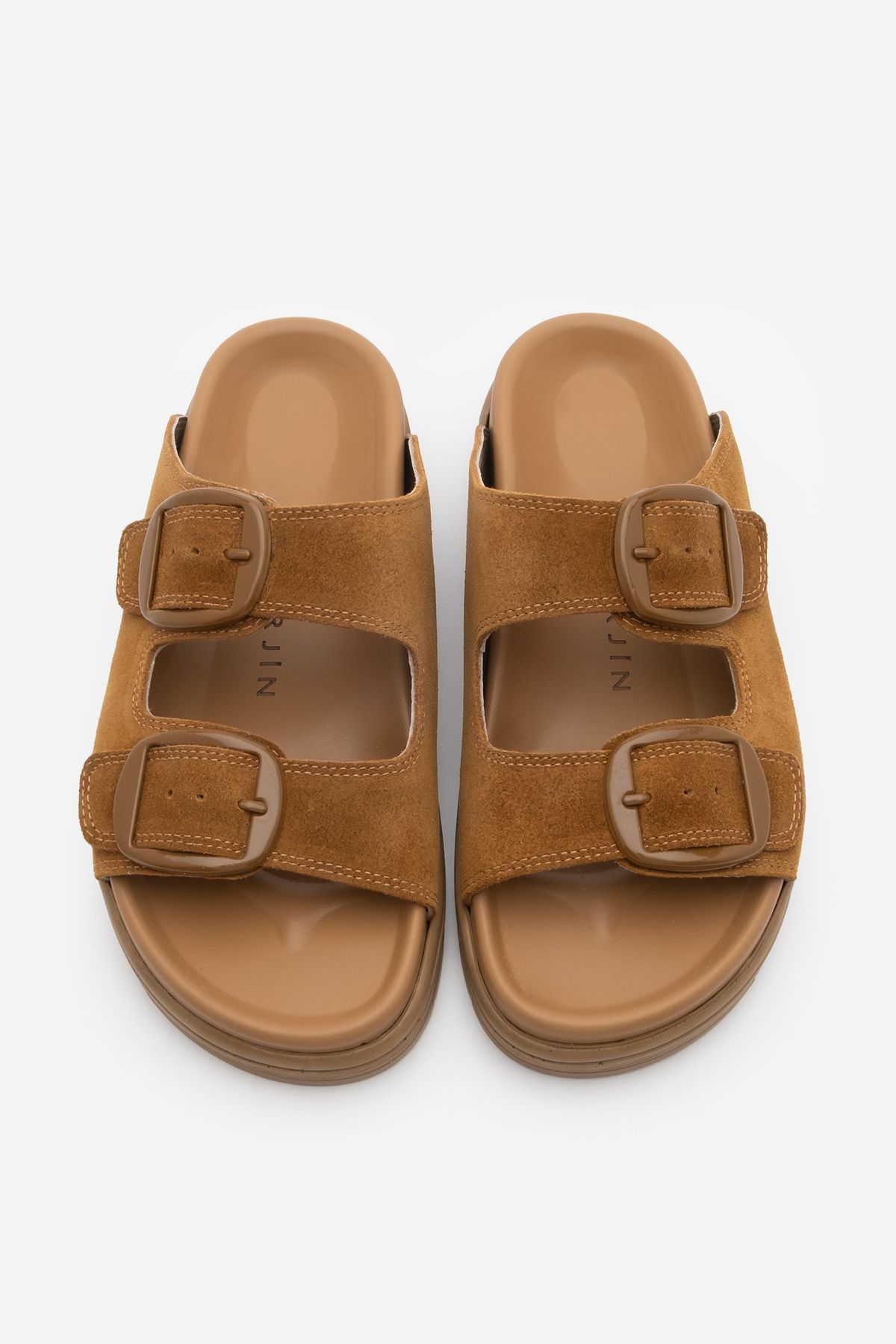 Marjin-Women's Genuine Leather Buckle Thick Sole Daily Slippers Rontes Tan Suede 6