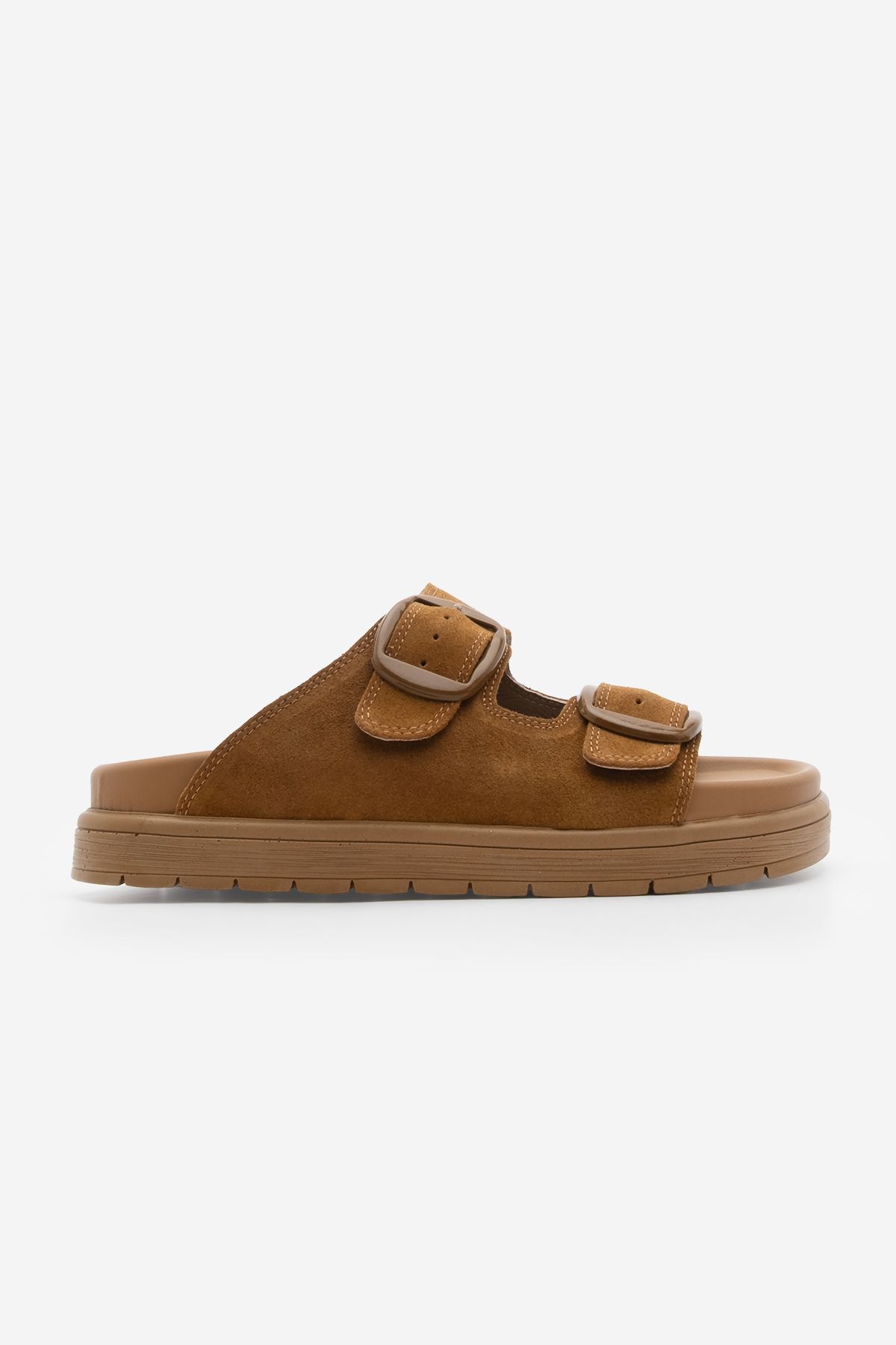 Marjin-Women's Genuine Leather Buckle Thick Sole Daily Slippers Rontes Tan Suede 3