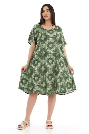 Schik Kadın Viskon Yarım Kol Kare Yaka Elbise Haki