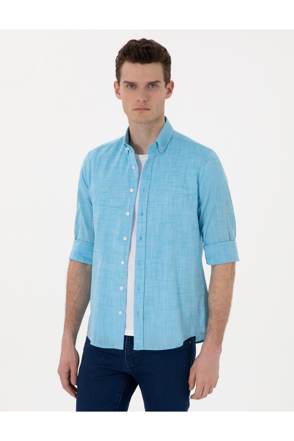 پیراهن آستین بلند Aqua Lenen Look Slim Fit 50307025-VR007 Pierre Cardin