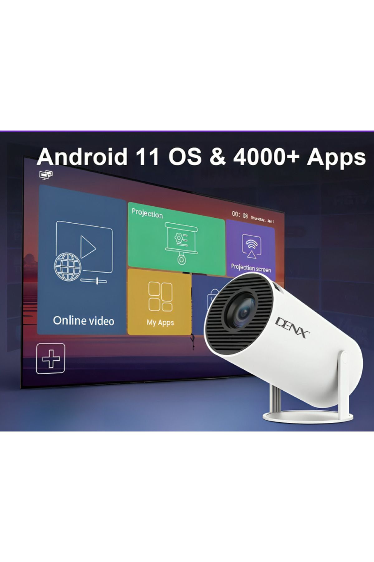Denx-Smart Mini Projector, Portable Built-in Wi-Fi, Android 11, FHD 1080P Projector Supports 50,000 H 6