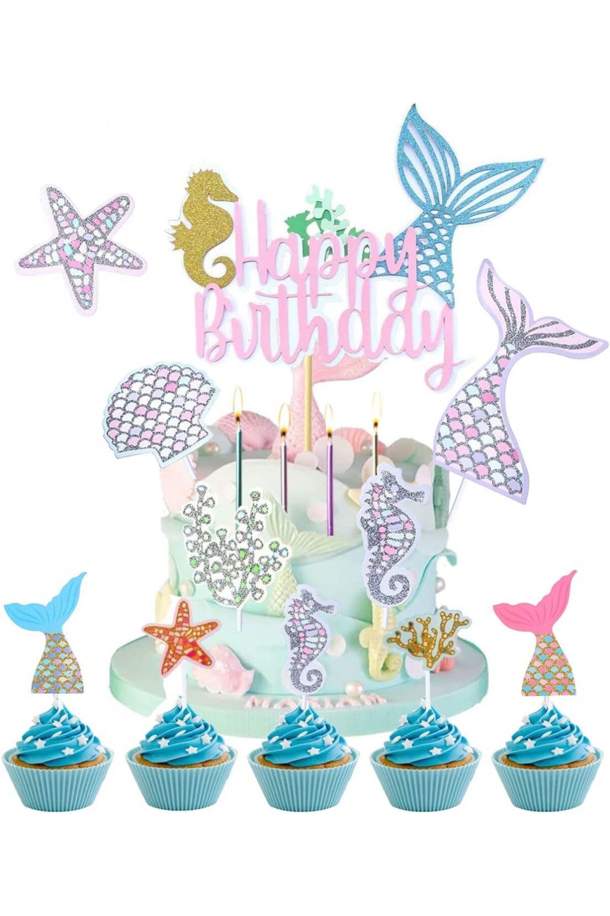 Yitla Set De 17 Decoratiuni Pentru Tort Yitla, Hartie, Multicolor, Model Sirena - Mărime unică