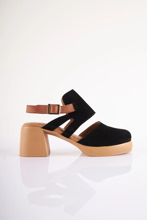 SU SHOE BOUTIQUE NO32 Siyah Hakiki Süet Deri Önü Kapalı Topuklu Sandalet