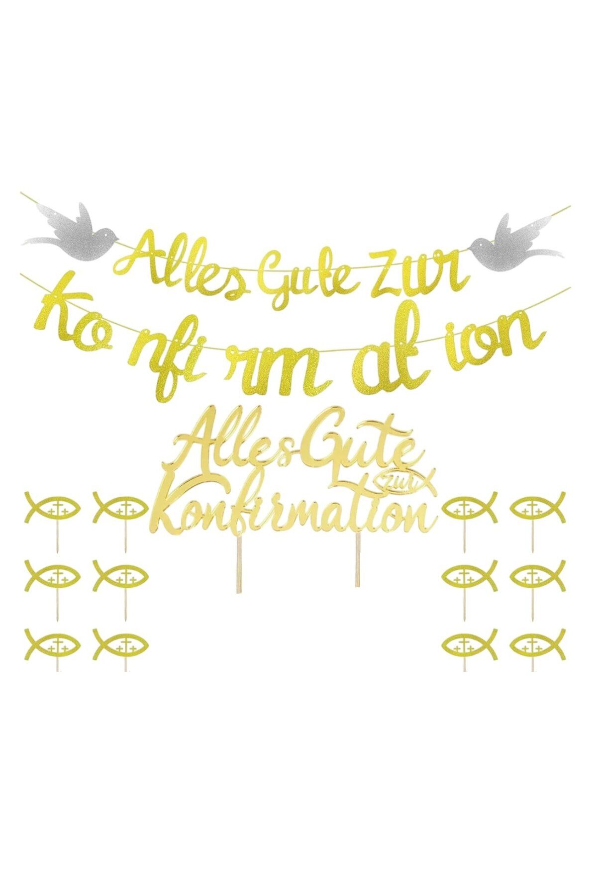 Shinybox Set Ghirlanda Si Decoratiuni Pentru Tort Shinybox, Carton/lemn, Auriu, 12 Piese - One Size
