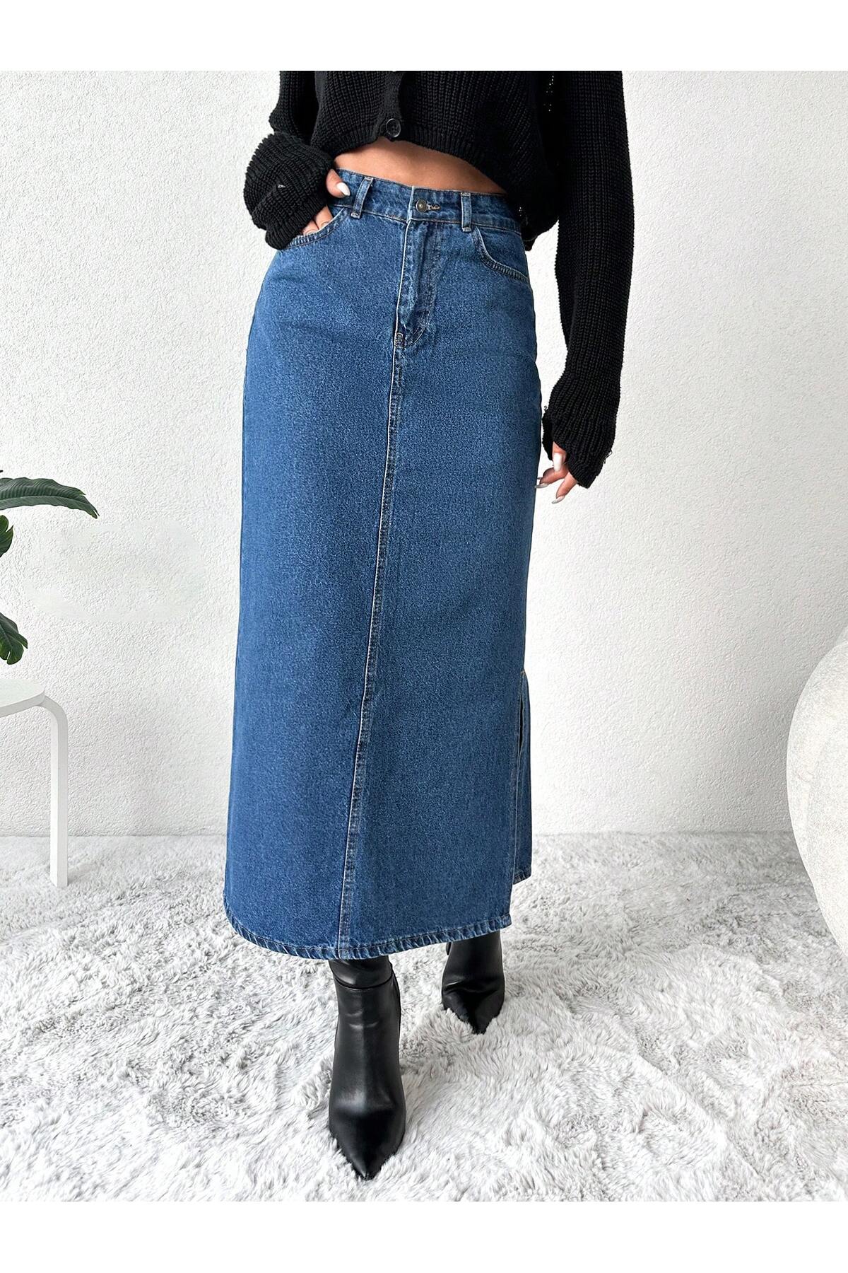 Dema  Kadın Yandan Yırtmaçlı %100 pamuk denim etek - Görsel 4