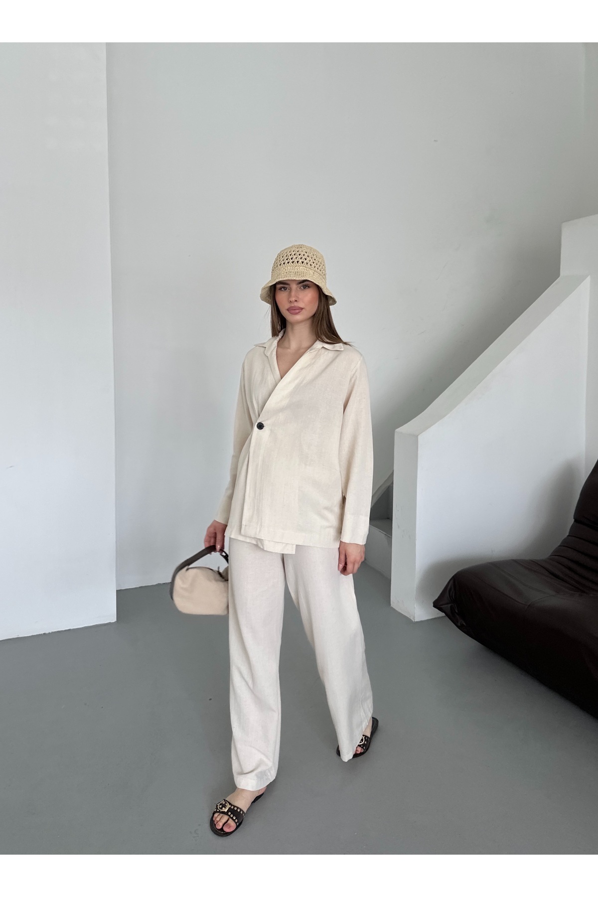 Laluvia-Set pantaloni kimono cu un singur buton, 100% bumbac natural, cu închidere la două piepturi - 8351 4