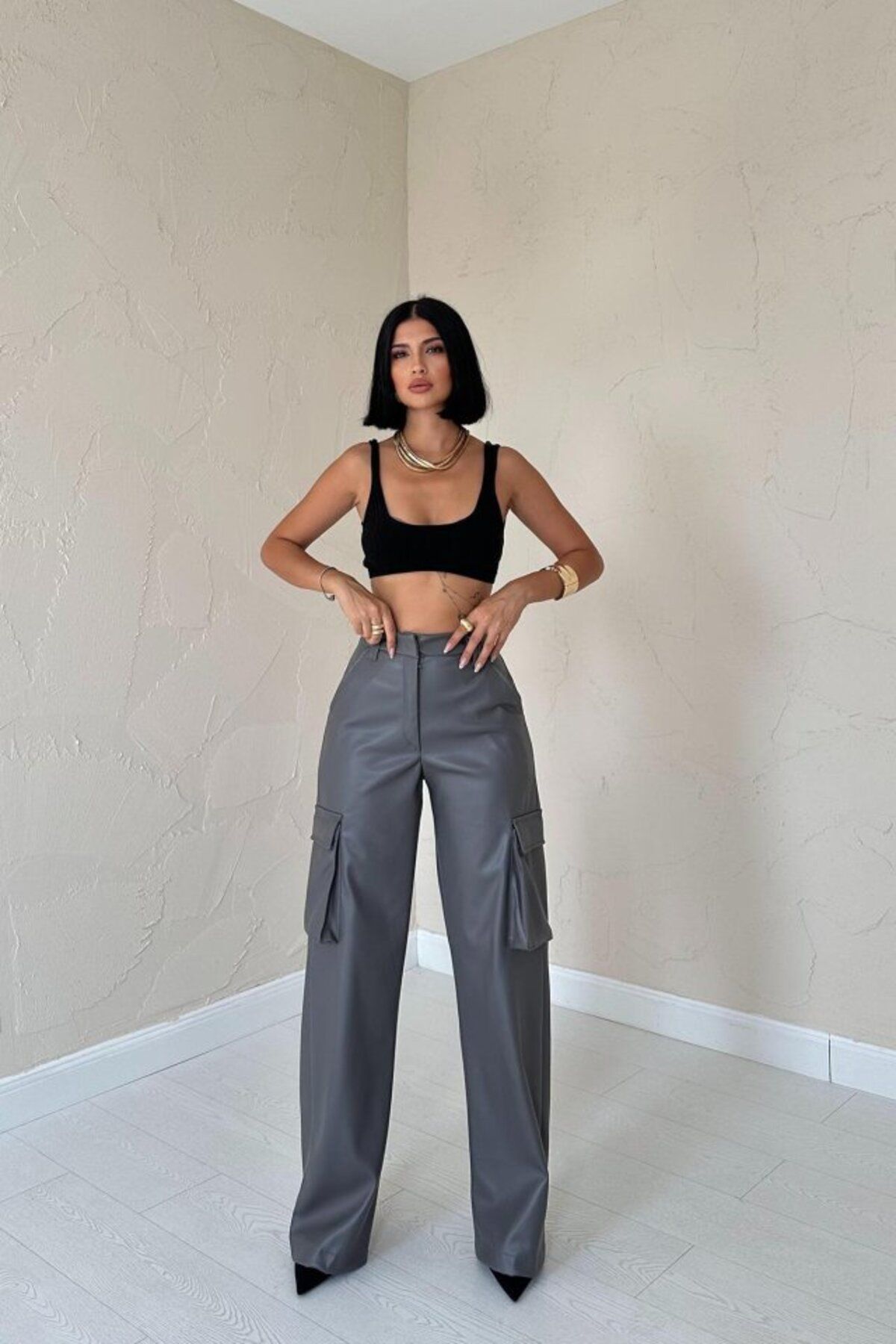 MRA Fashion Gri Yanlardan Cepli Deri Pantolon
