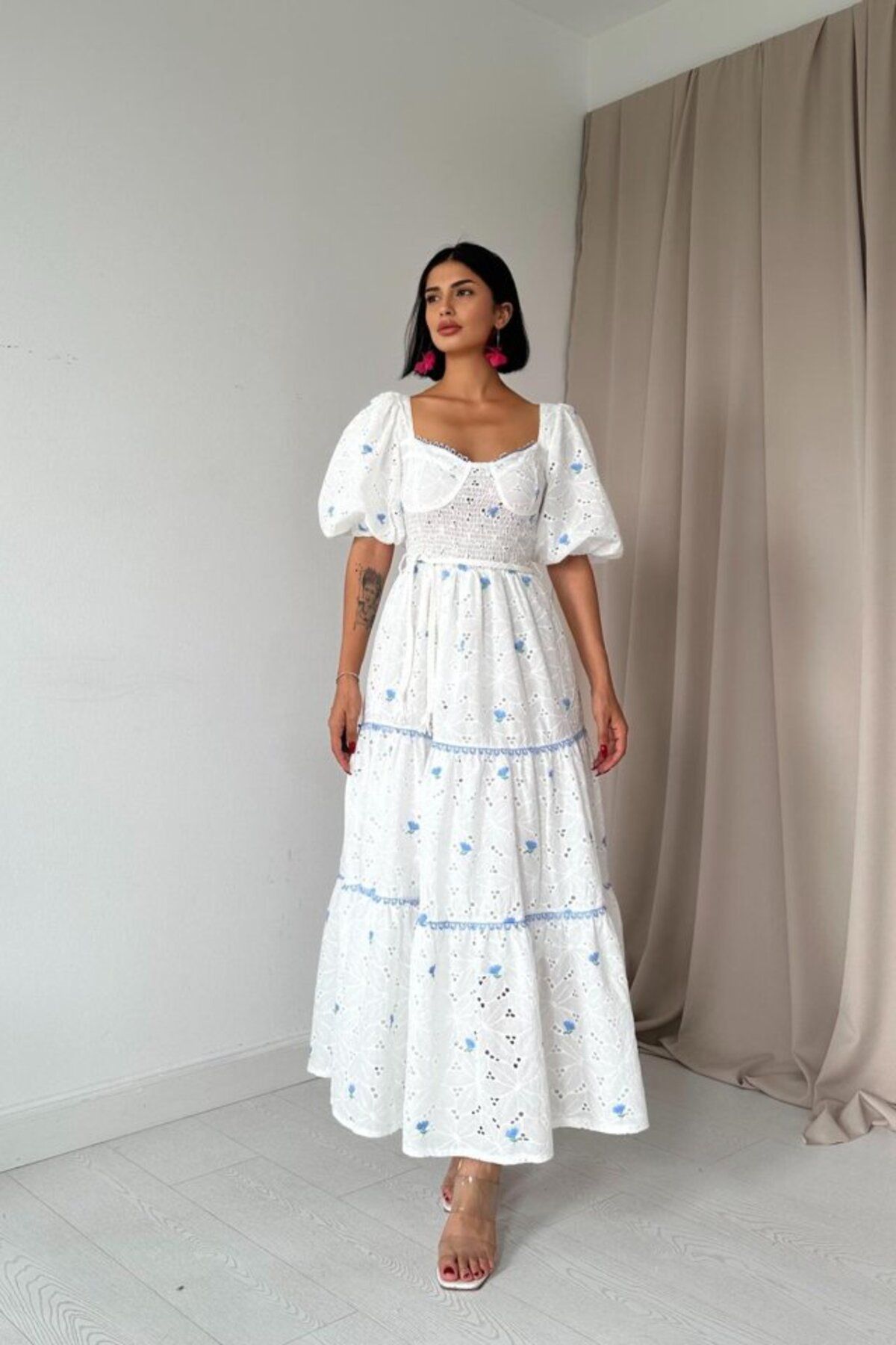 MRA Fashion Mavi Dantel Detaylı Brode Elbise