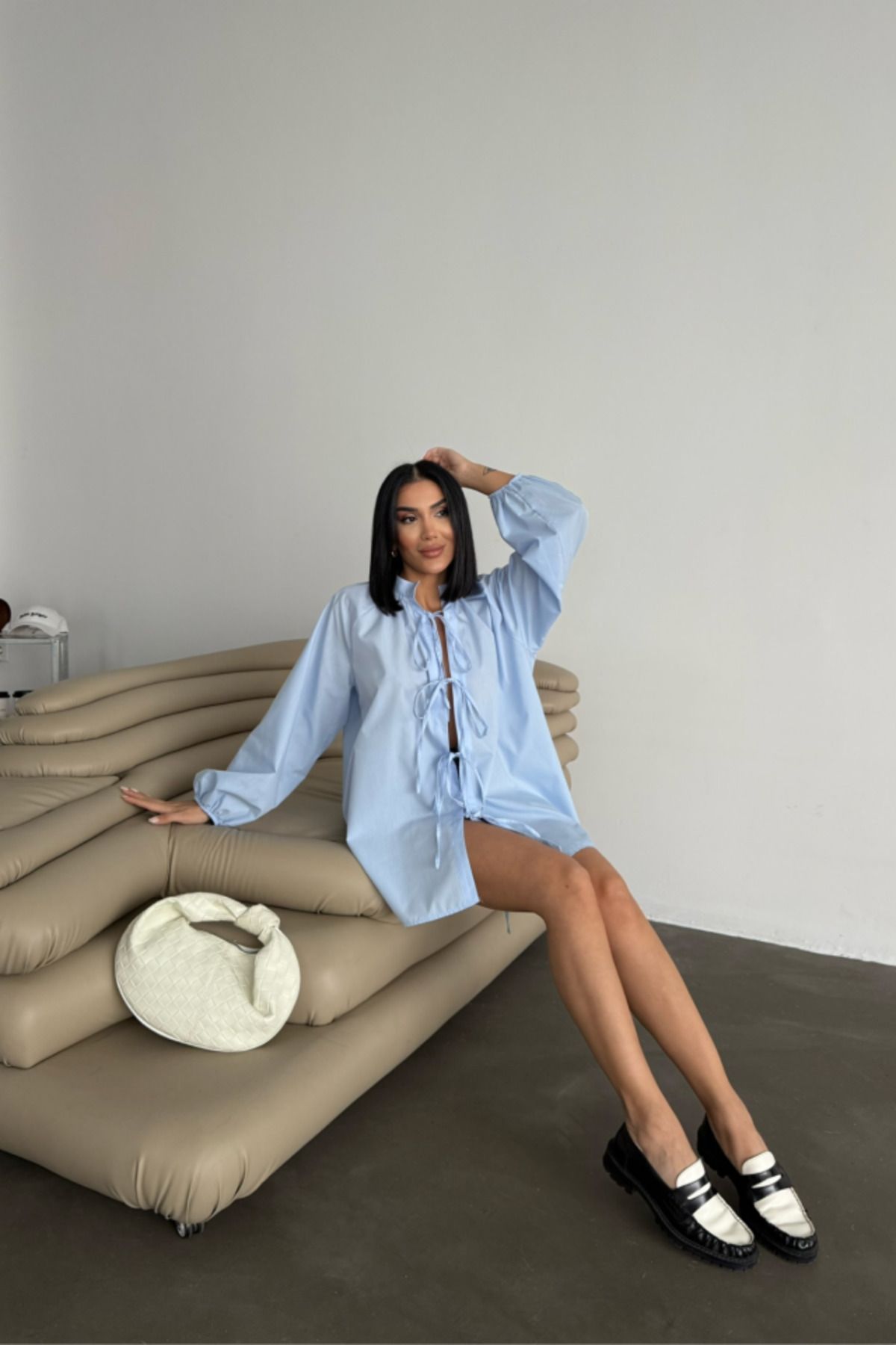 moda wanilia GÖMLEK POPLİN HAKİM YAKA ÖNDEN BAĞLAMA İP DETAYLI - Mavi