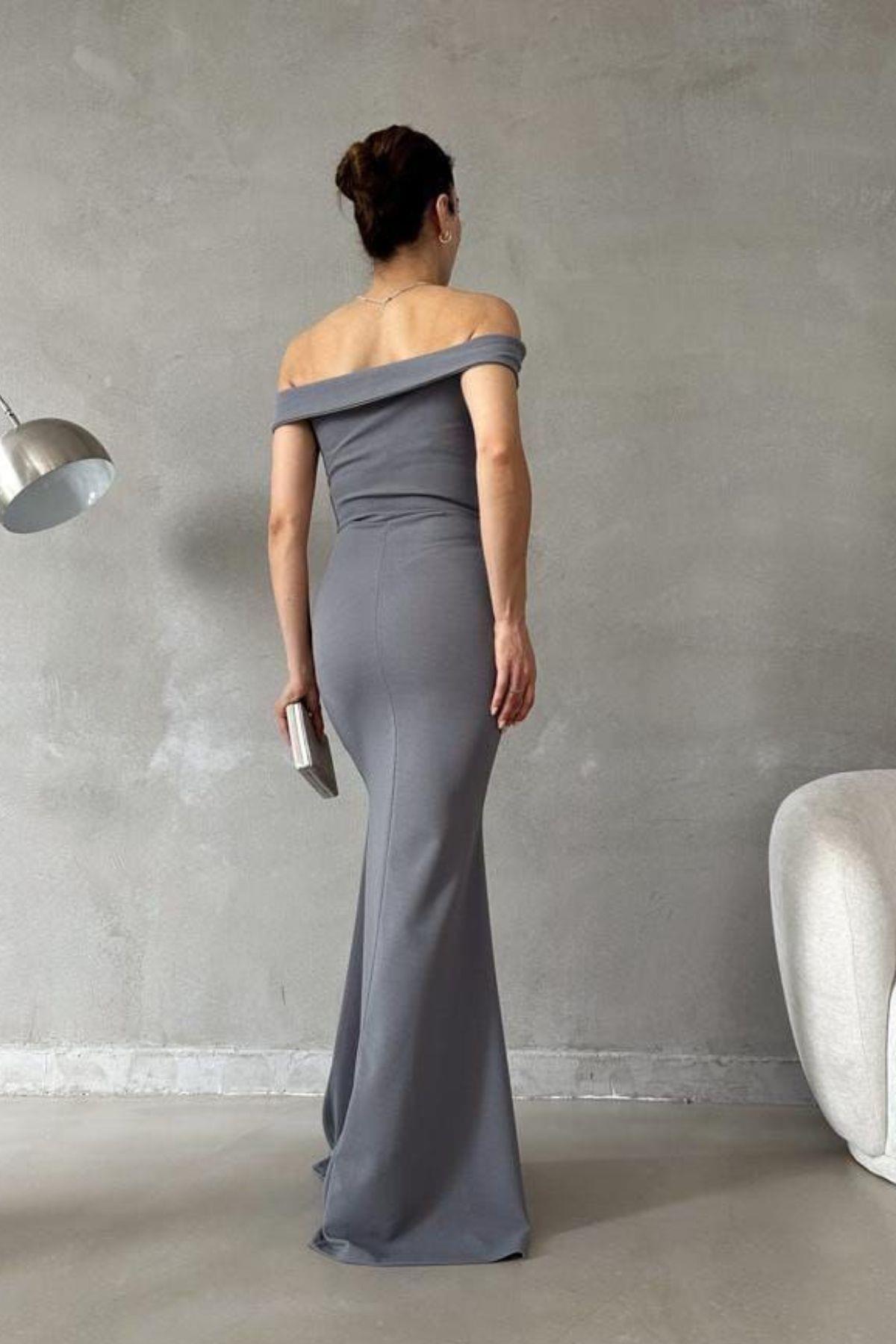 Mossta-Boat Neck Ruffle Detailed Long Evening Dress Gray 6