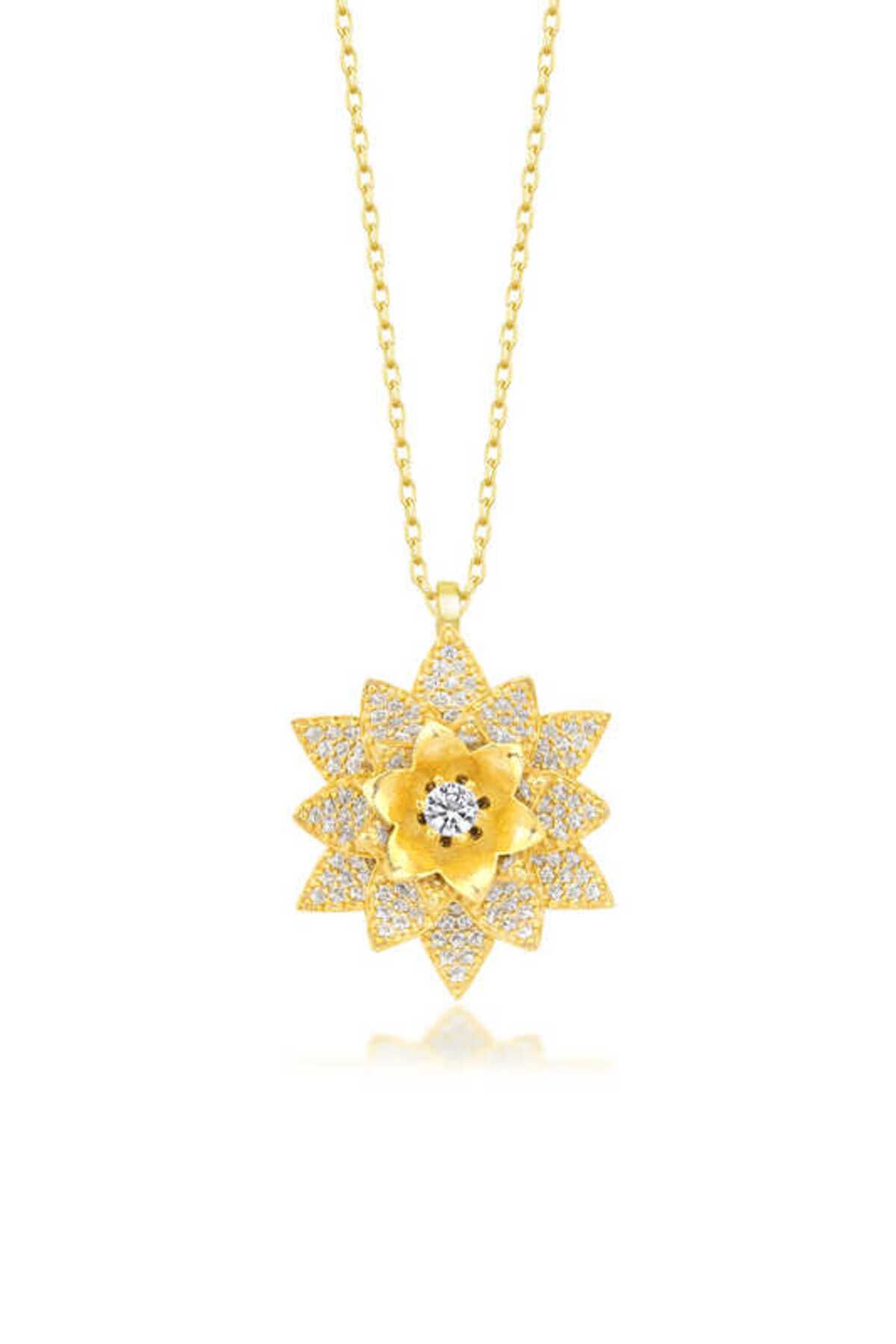 STİLLOVE Gümüş Gold Beyaz Taşlı Lotus Çiçeği Kadın Kolye SL5451