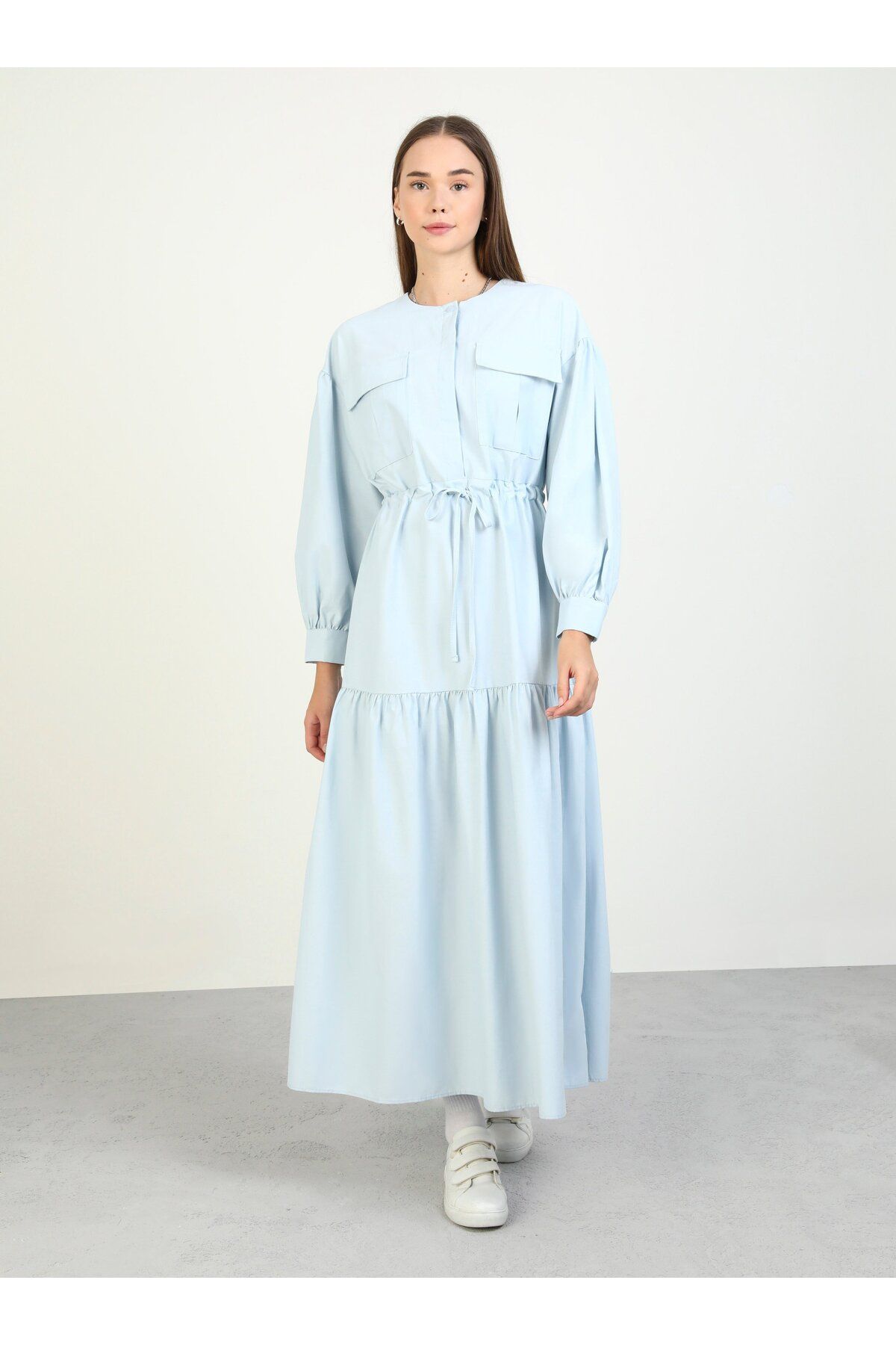 Benin-Light Blue Cotton Poplin Hijab Dress - Pocket Detail and Drawstring - Benin 1