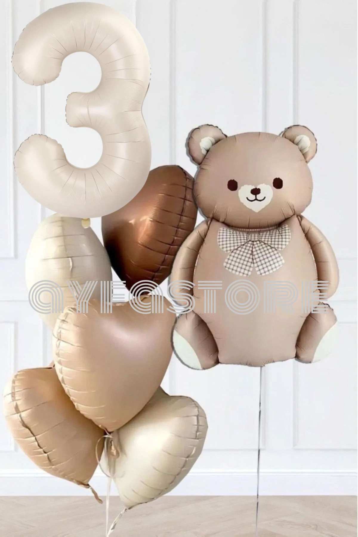 AyfaStore 3 Yaş Retro Kalpler Krem Rakam Karamel Ayı Doğum Günü Balon Seti