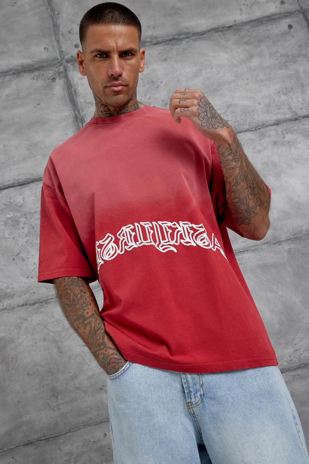 NOMARC-Red Checked Text Printed Washable Oversize Tshirt 4