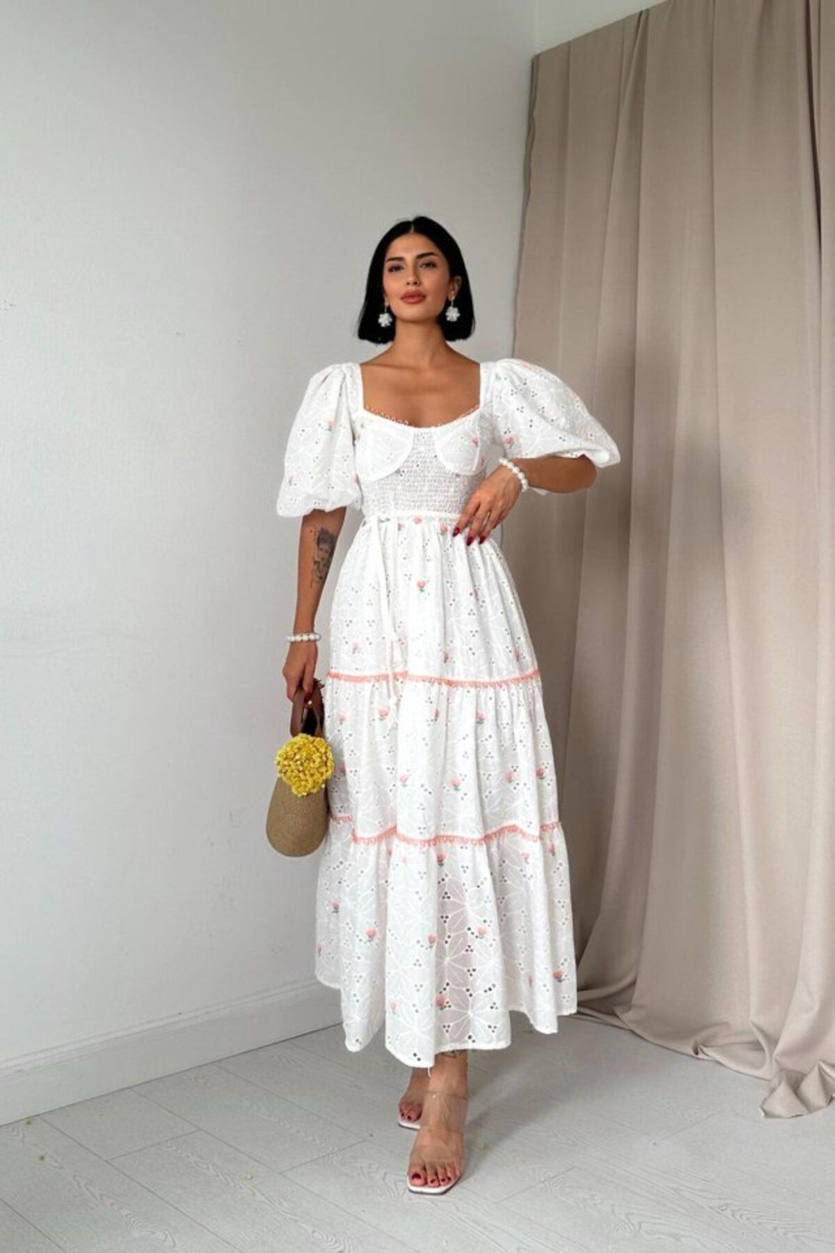 velmorafashion Pudra Dantel Detaylı Brode Elbise